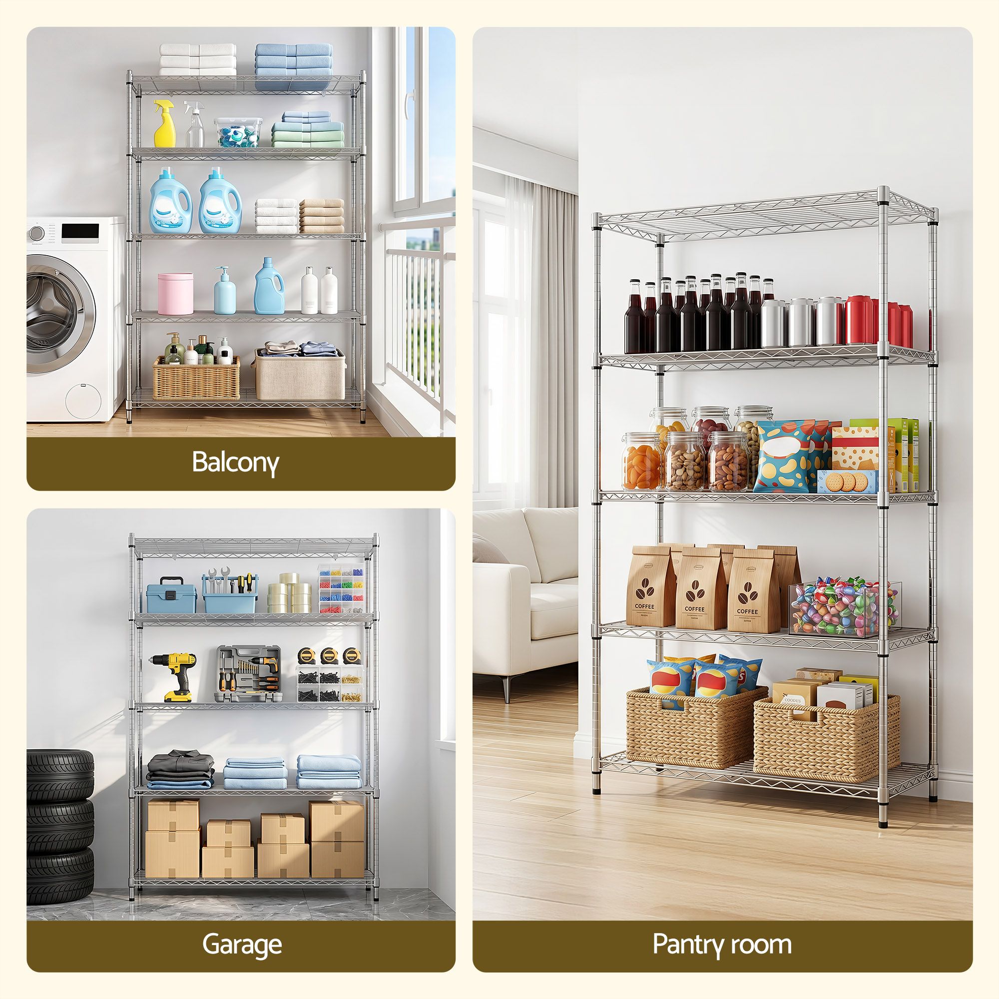 5-Tier Kitchen Rack Shelf Shelving 120x45x179CM Adjustable Metal Storage Shelves