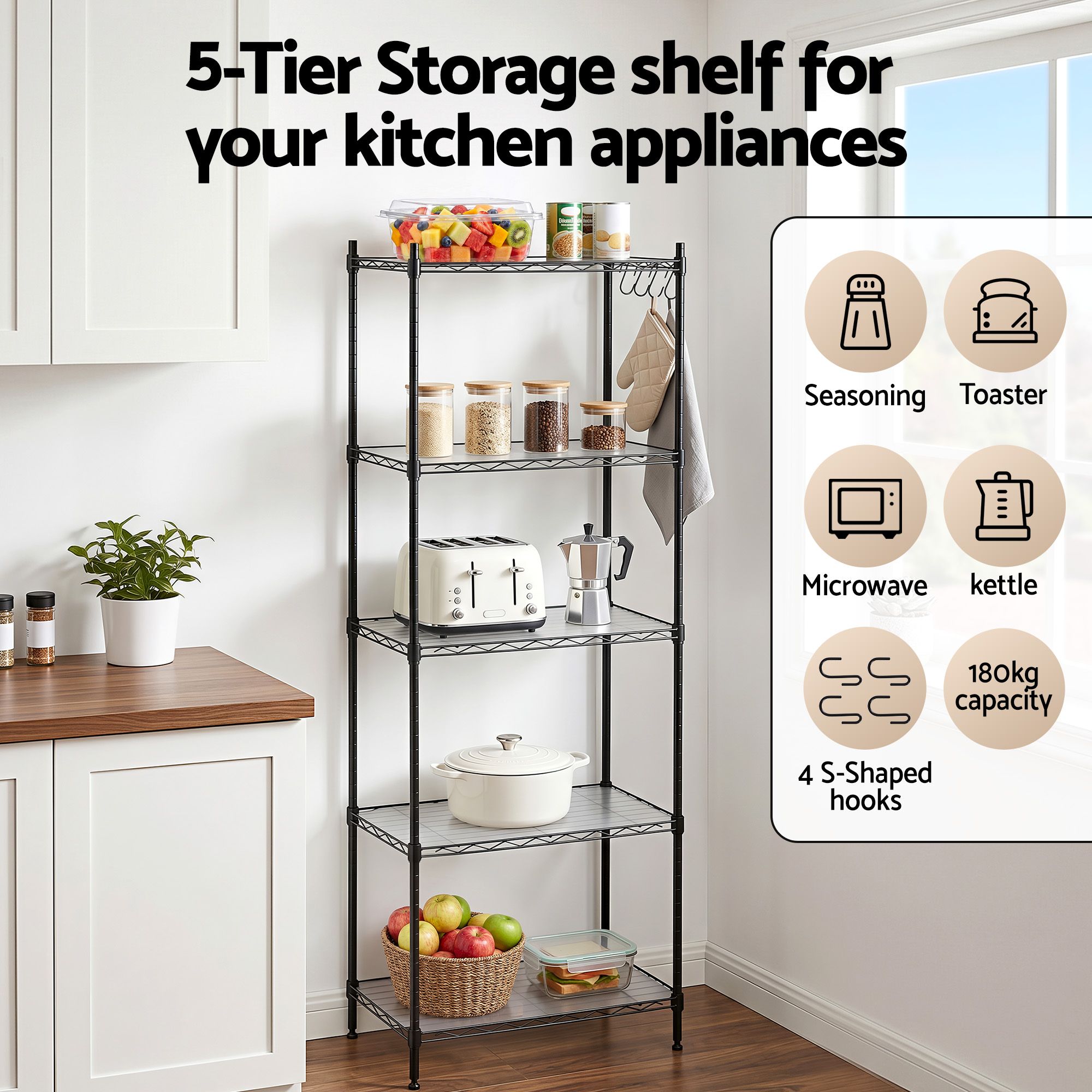 5-Tier Kitchen Rack Shelf Shelving Unit 55x30x150CM Adjustable Metal Storage Shelves Black