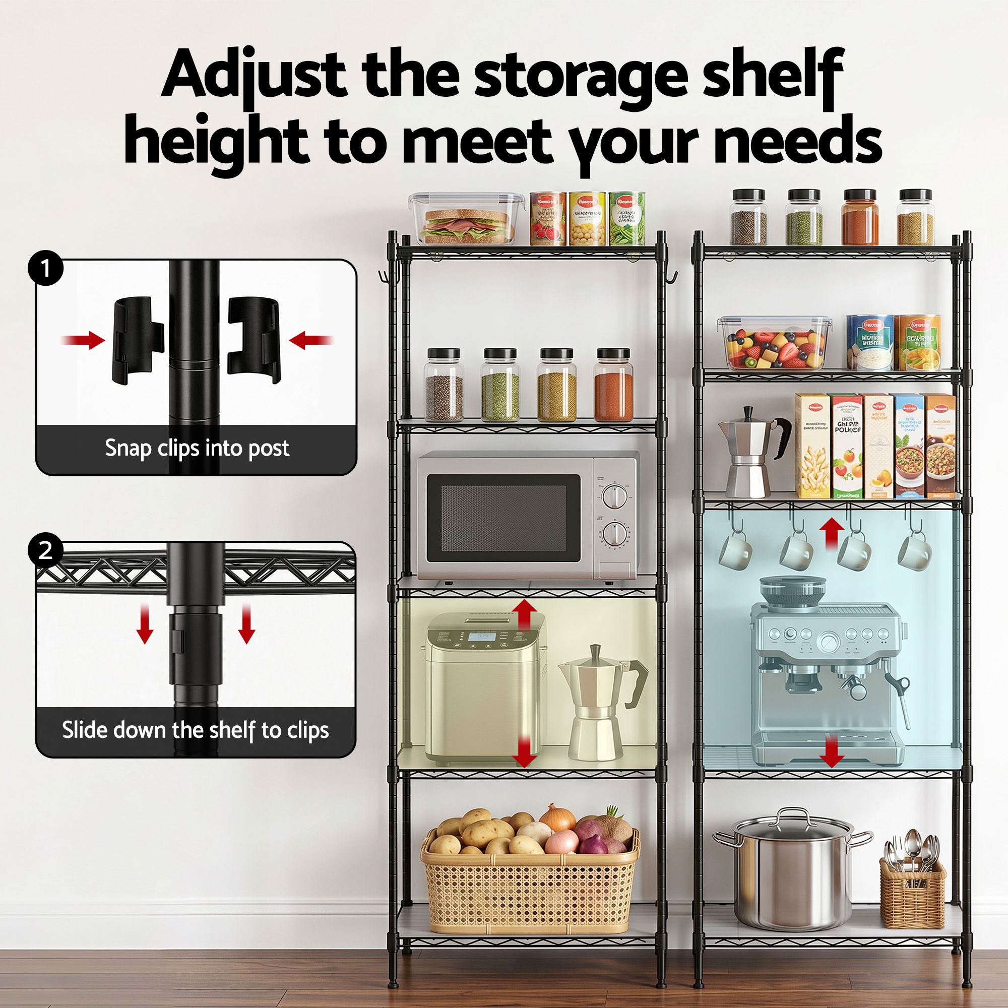 5-Tier Kitchen Rack Shelf Shelving Unit 55x30x150CM Adjustable Metal Storage Shelves Black