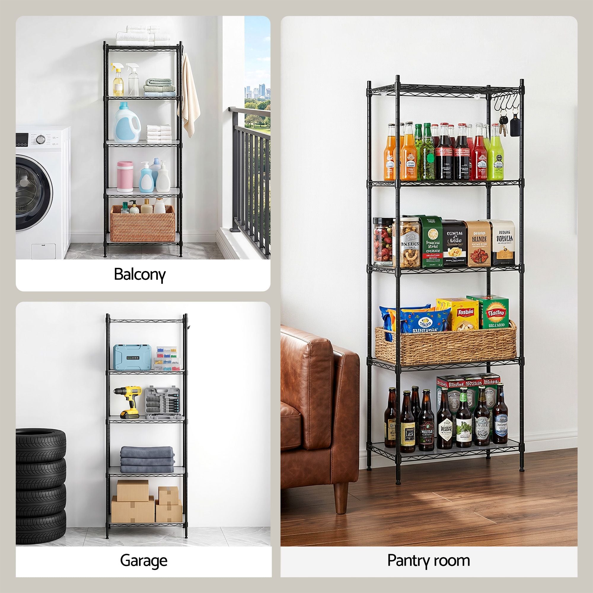 5-Tier Kitchen Rack Shelf Shelving Unit 55x30x150CM Adjustable Metal Storage Shelves Black