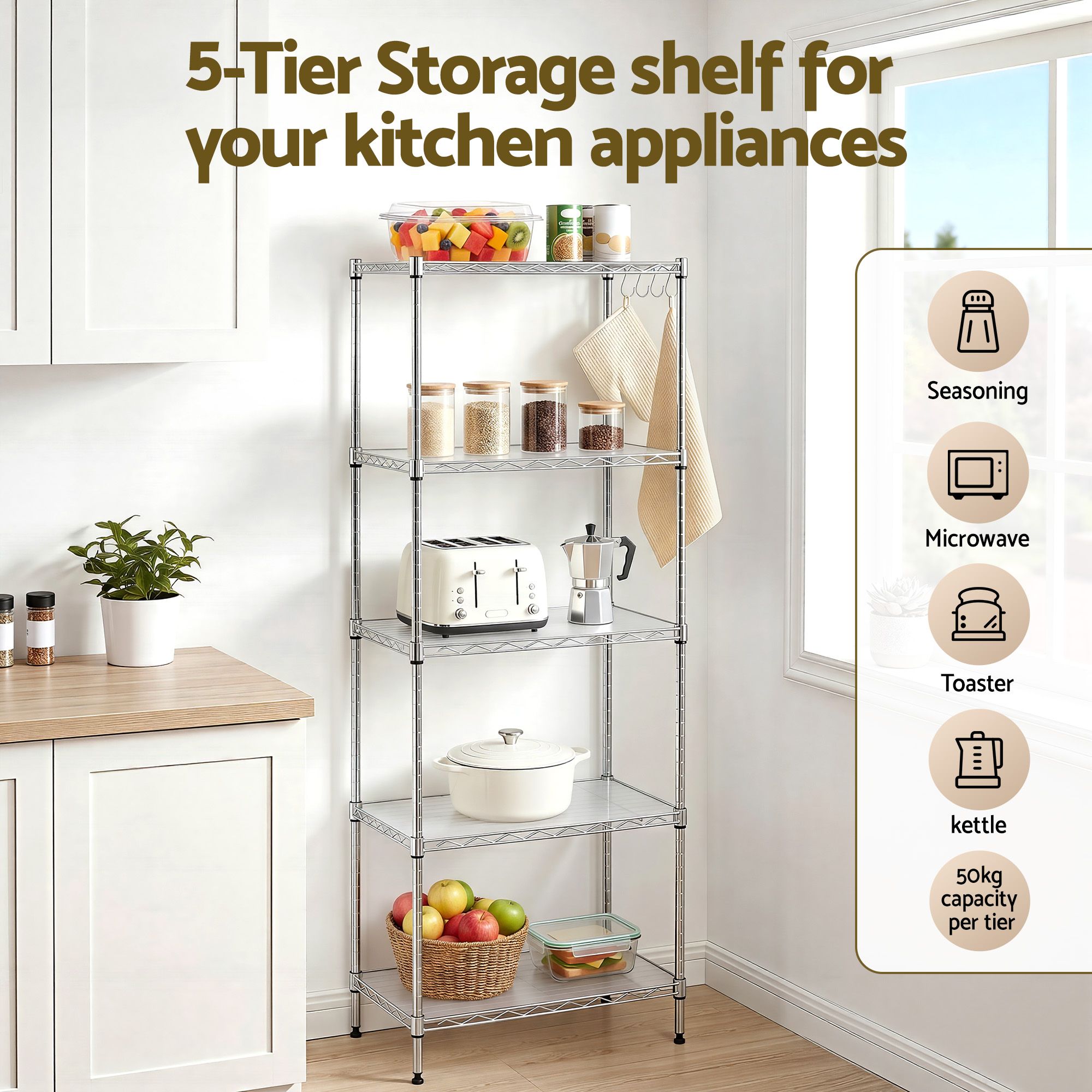 5-Tier Kitchen Rack Shelf Shelving Unit 60x35x150CM Adjustable Metal Storage Shelves Silver