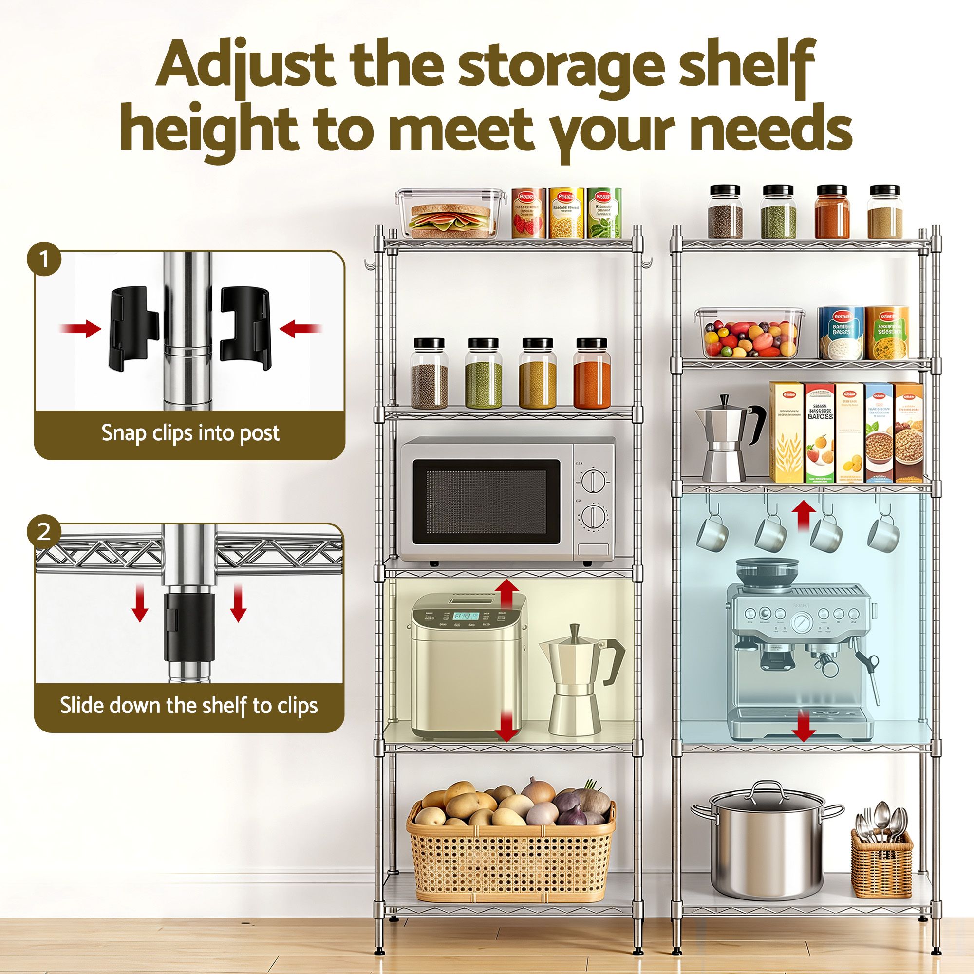 5-Tier Kitchen Rack Shelf Shelving Unit 60x35x150CM Adjustable Metal Storage Shelves Silver