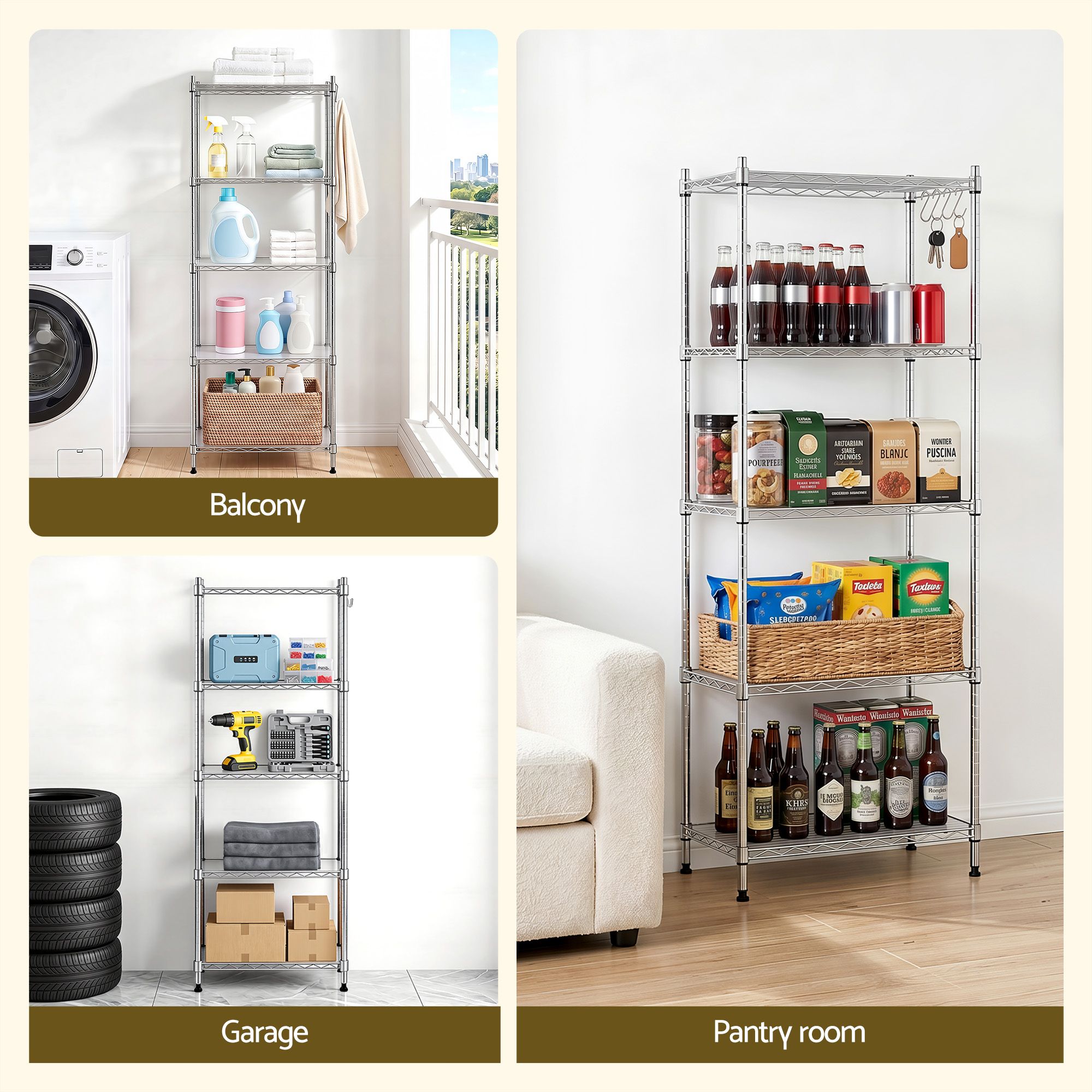 5-Tier Kitchen Rack Shelf Shelving Unit 60x35x150CM Adjustable Metal Storage Shelves Silver