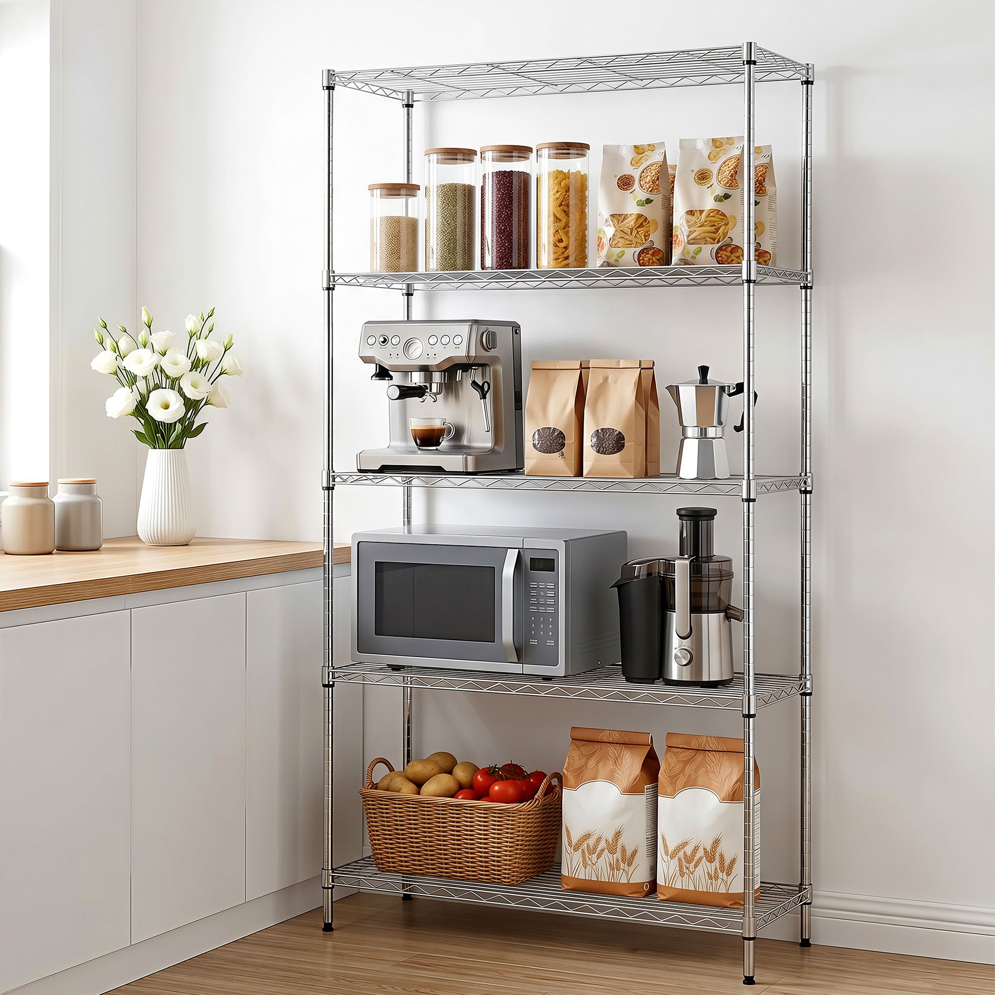 5-Tier Kitchen Rack Shelf Shelving 90x35x182CM Adjustable Metal Storage Shelves