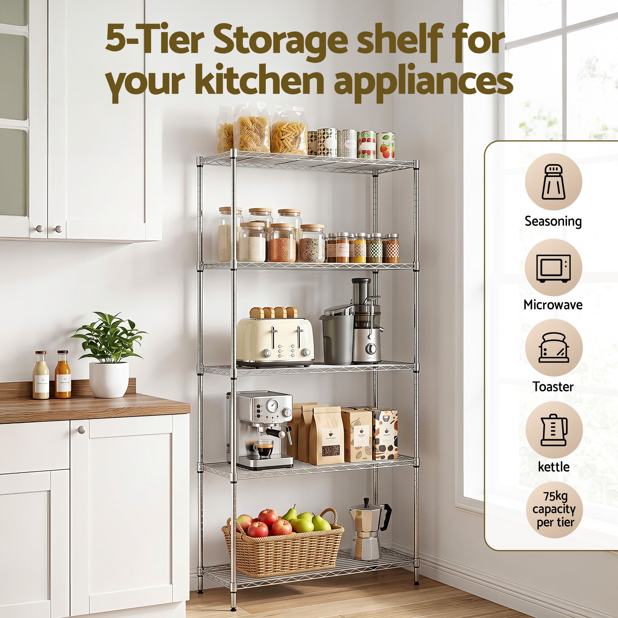 5-Tier Kitchen Rack Shelf Shelving 90x35x182CM Adjustable Metal Storage Shelves