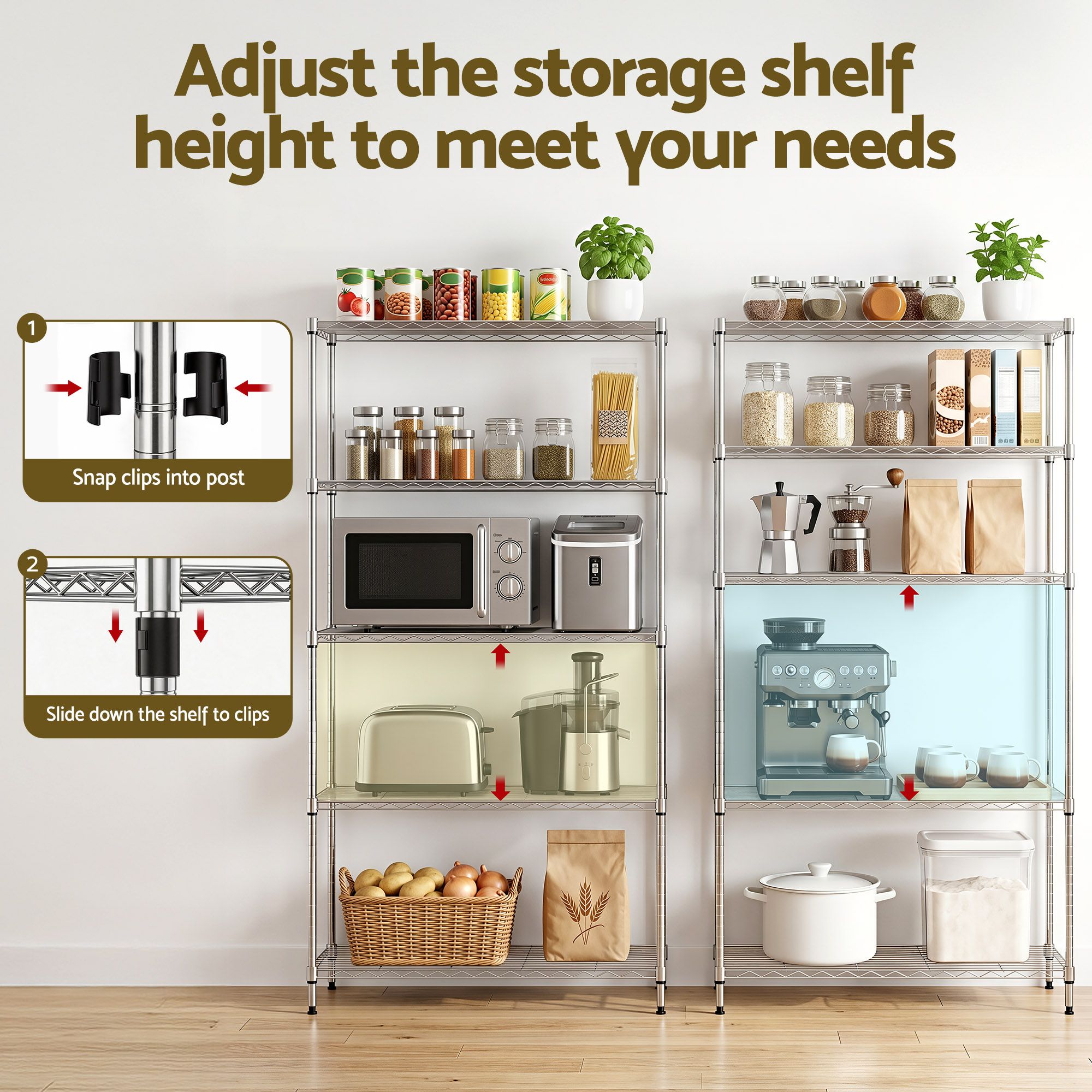5-Tier Kitchen Rack Shelf Shelving 90x35x182CM Adjustable Metal Storage Shelves