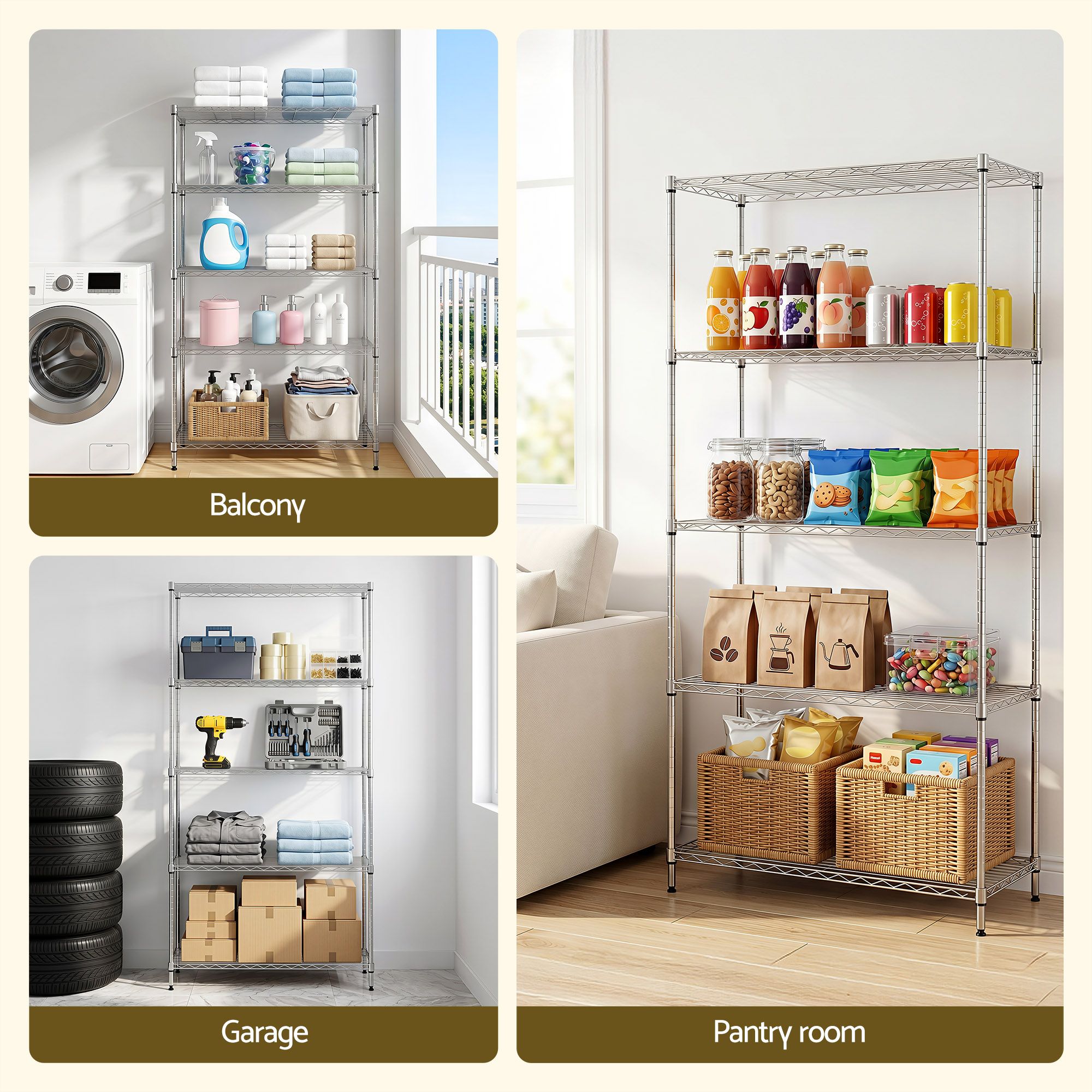 5-Tier Kitchen Rack Shelf Shelving 90x35x182CM Adjustable Metal Storage Shelves
