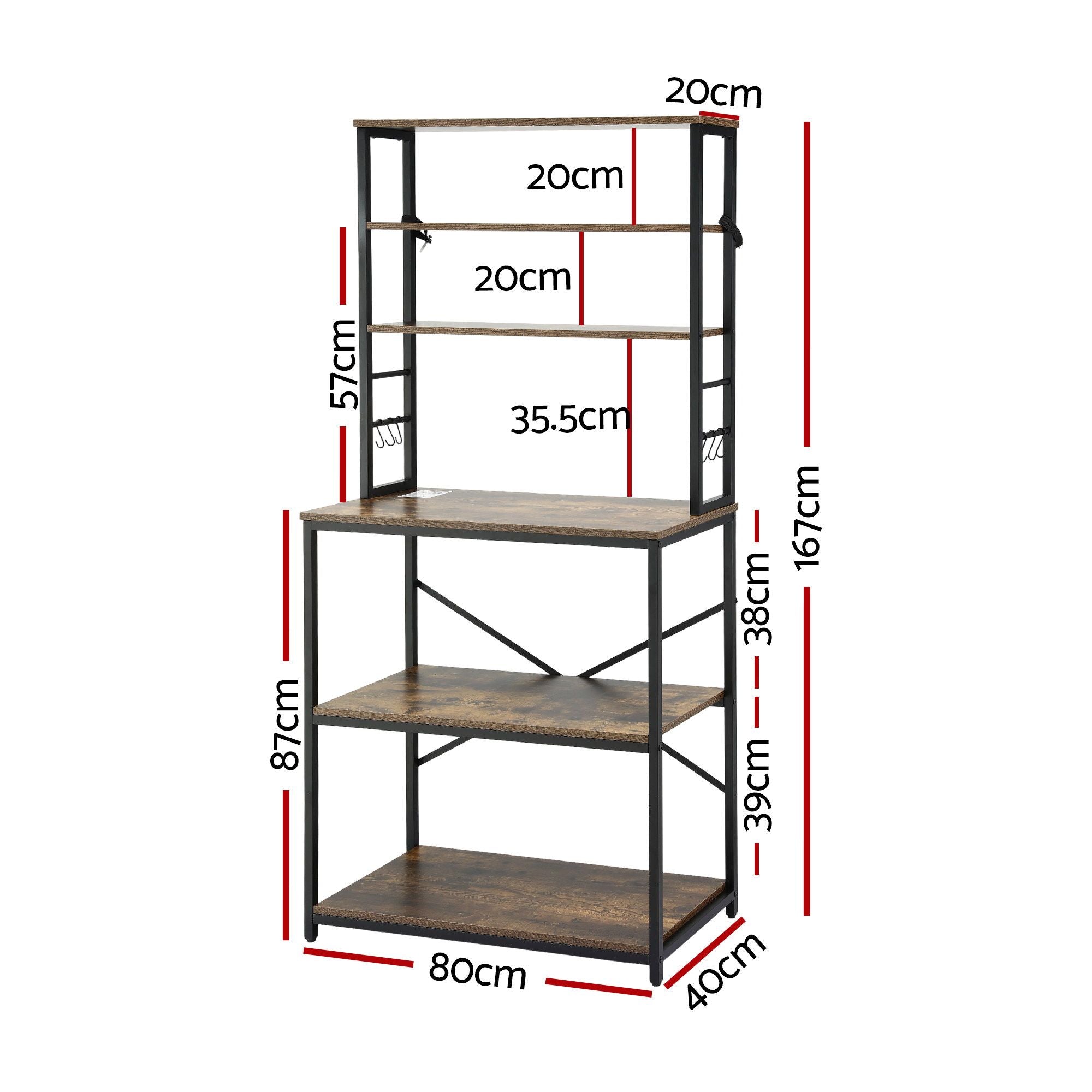 6-Tier Kitchen Rack with 6 Hooks Microwave Storage Shelf 80cm x 167cm