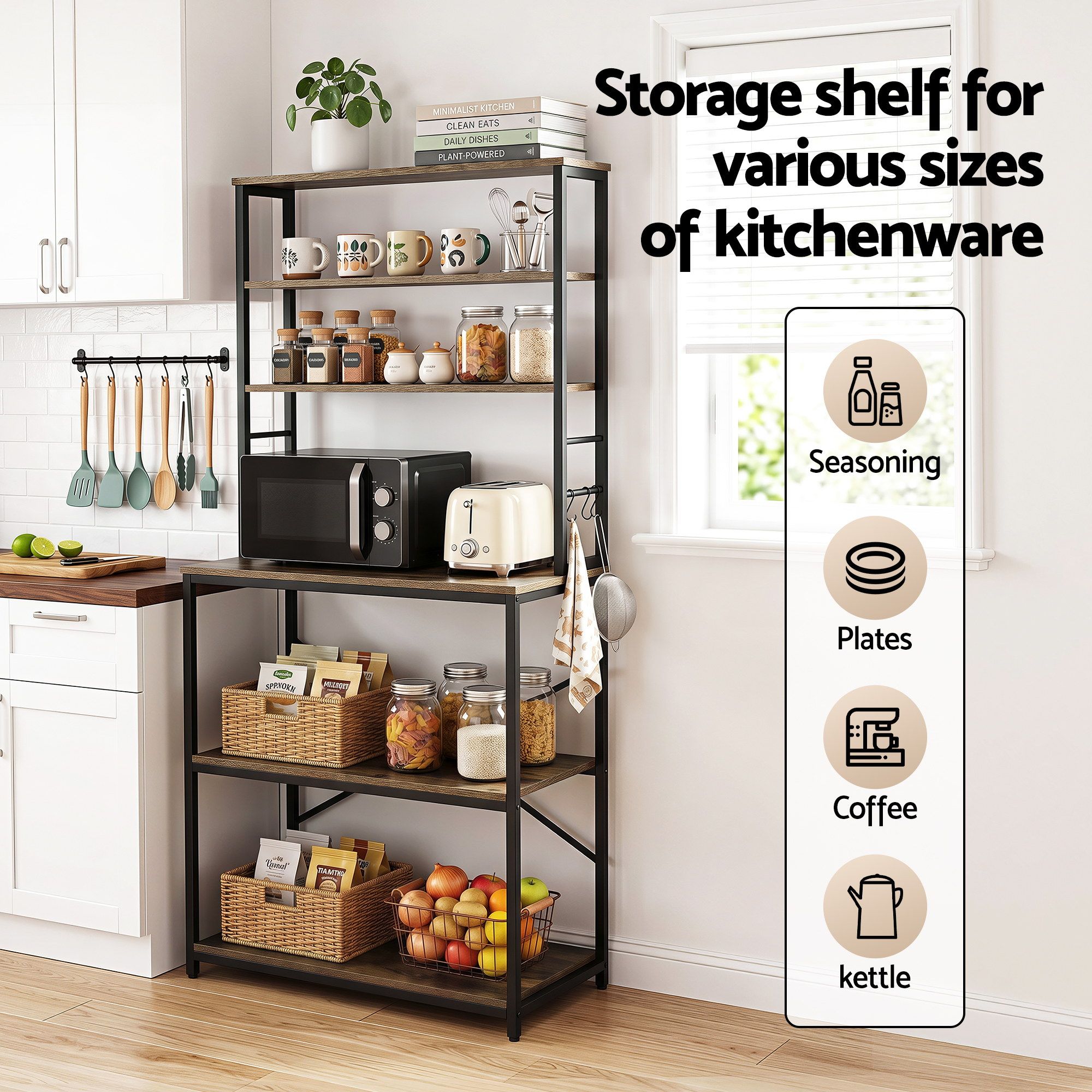 6-Tier Kitchen Rack with 6 Hooks Microwave Storage Shelf 80cm x 167cm