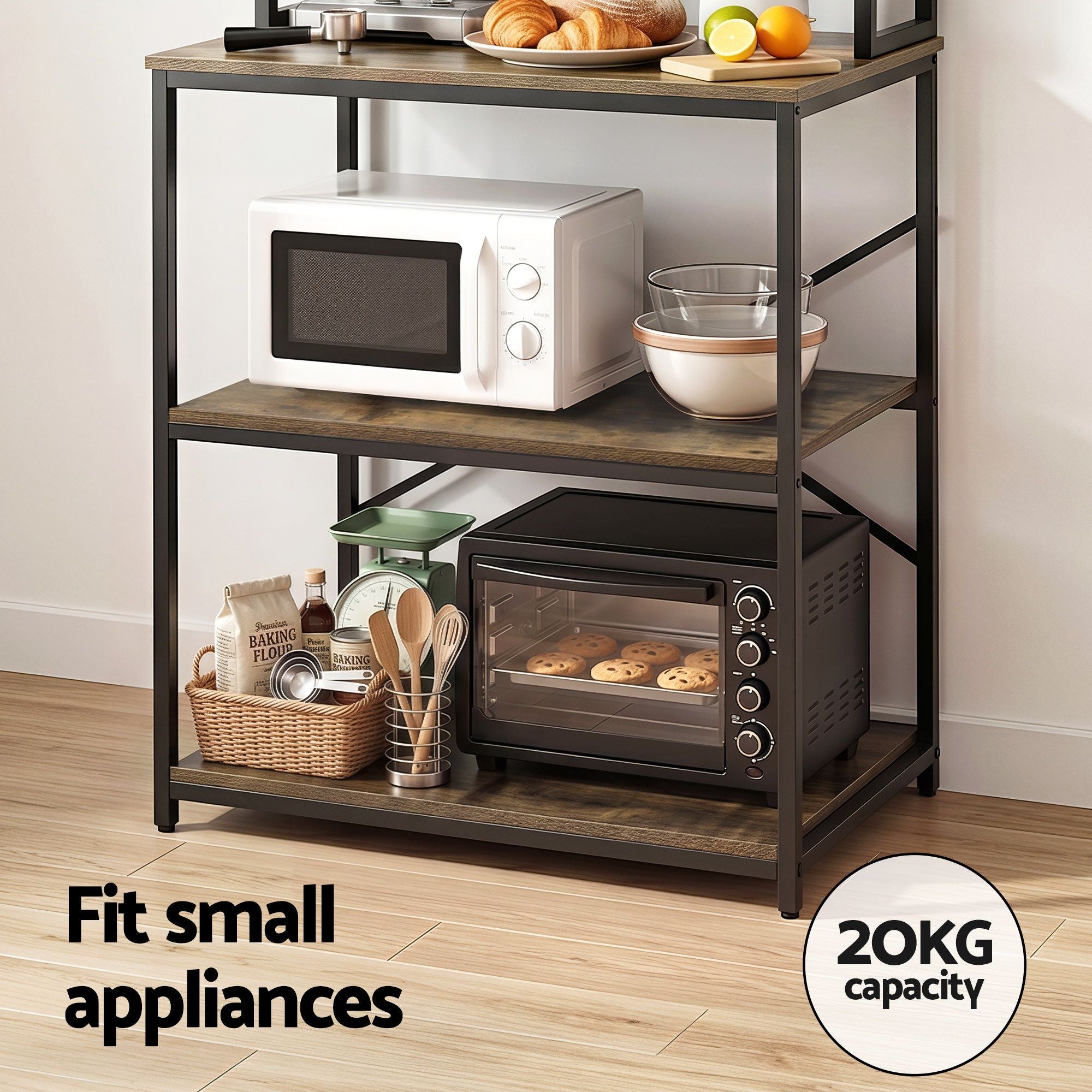 6-Tier Kitchen Rack with 6 Hooks Microwave Storage Shelf 80cm x 167cm