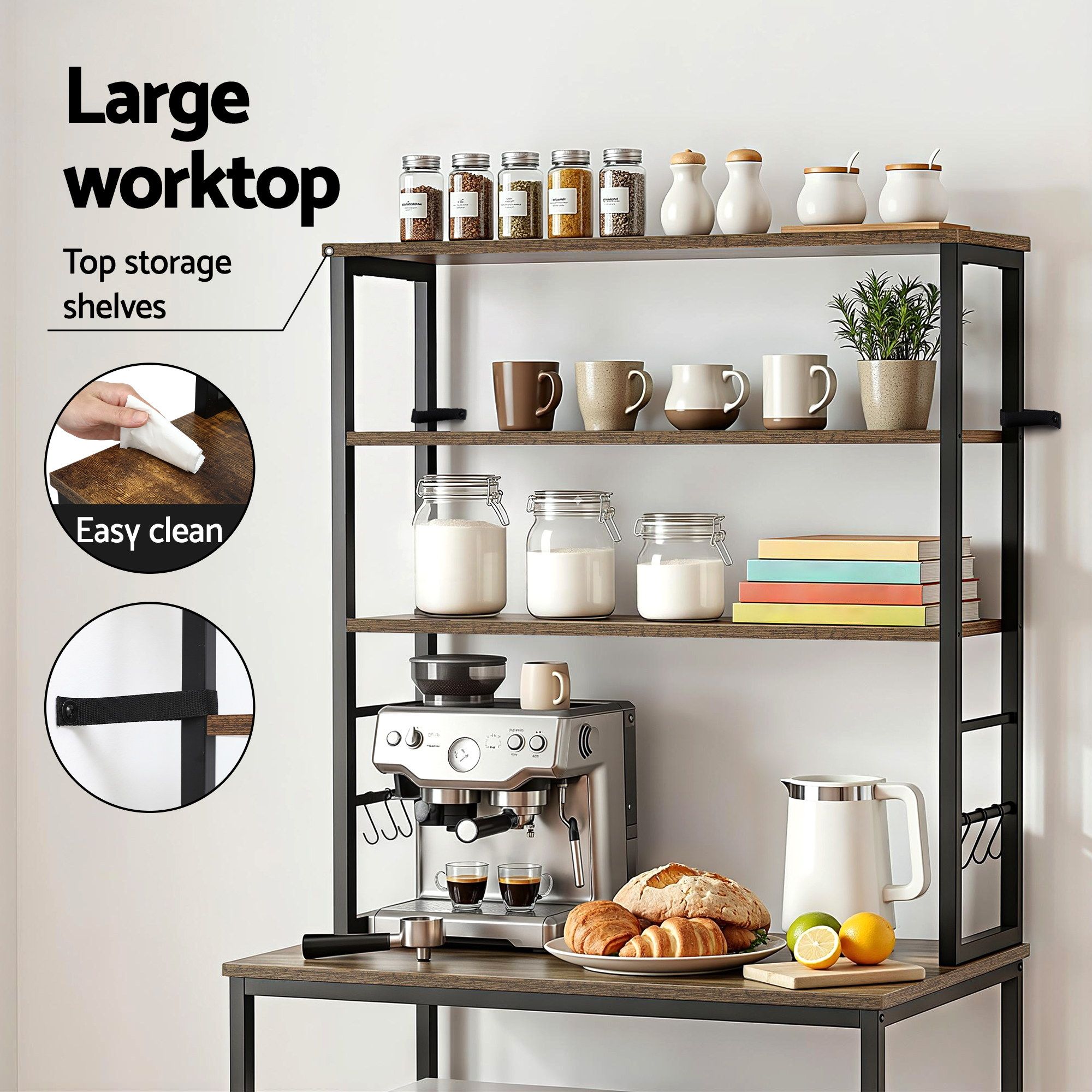 6-Tier Kitchen Rack with 6 Hooks Microwave Storage Shelf 80cm x 167cm