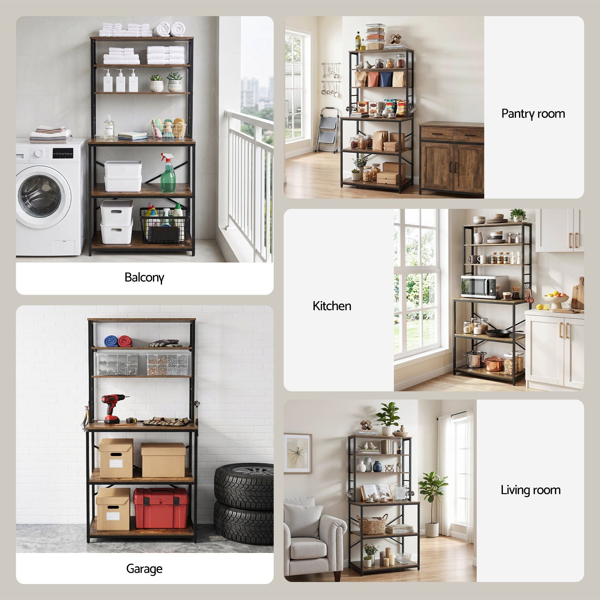 6-Tier Kitchen Rack with 6 Hooks Microwave Storage Shelf 80cm x 167cm