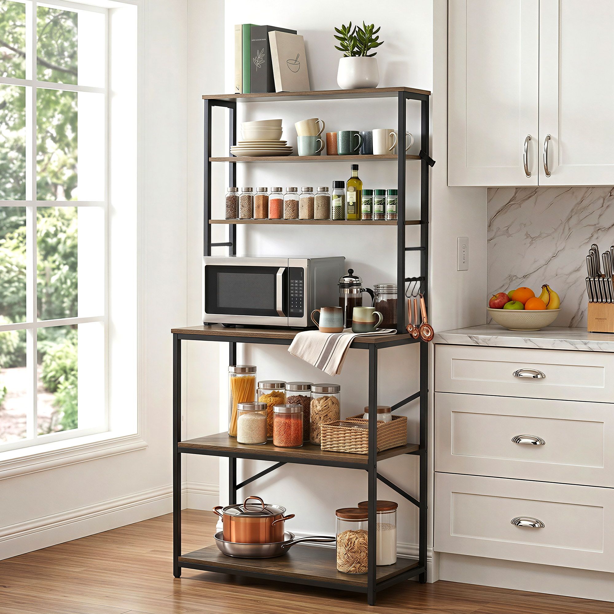 6-Tier Kitchen Rack with 6 Hooks Microwave Storage Shelf 80cm x 167cm