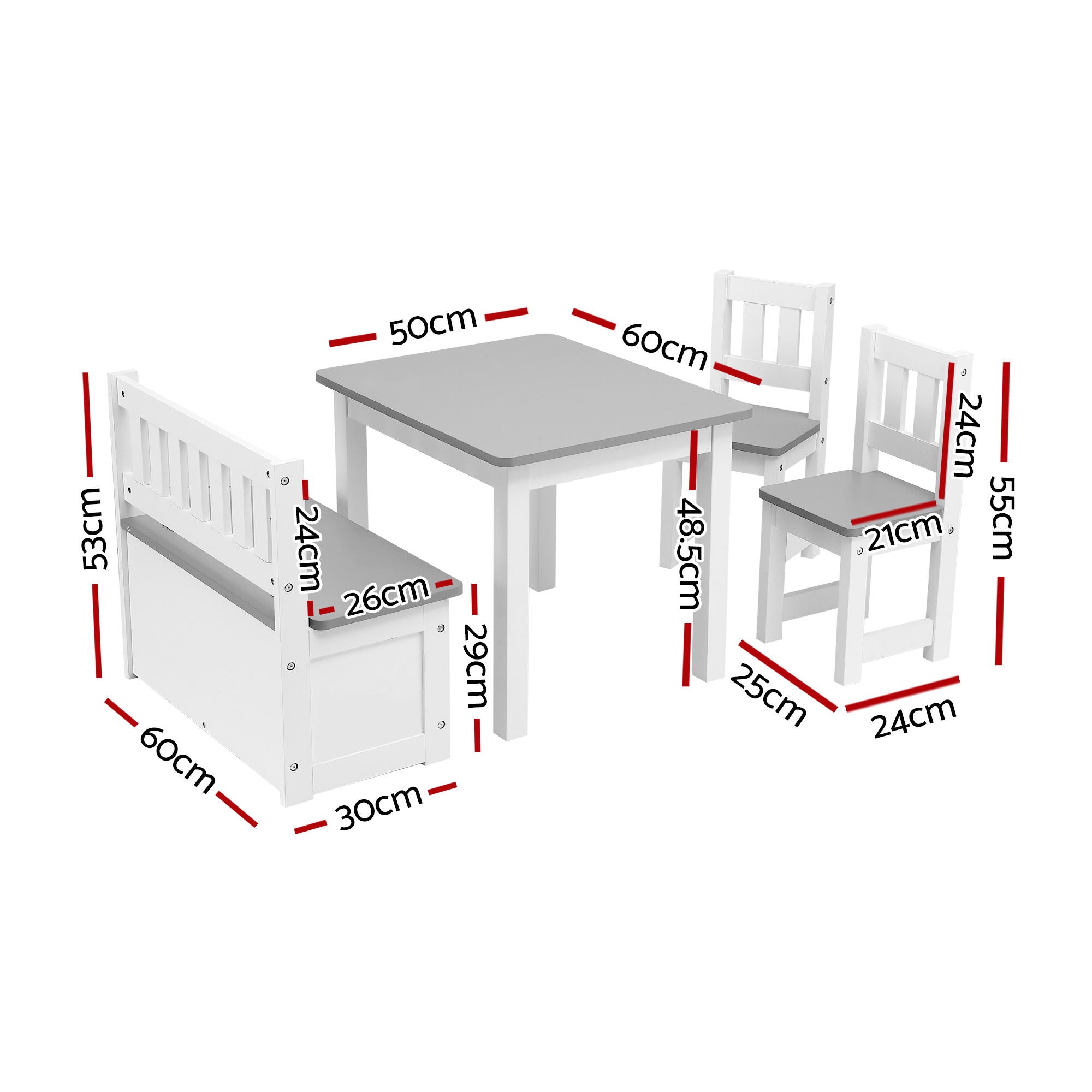 4-Piece Kids 2-in-1 Table and Chair Set with Storage Bench for Activities - Grey