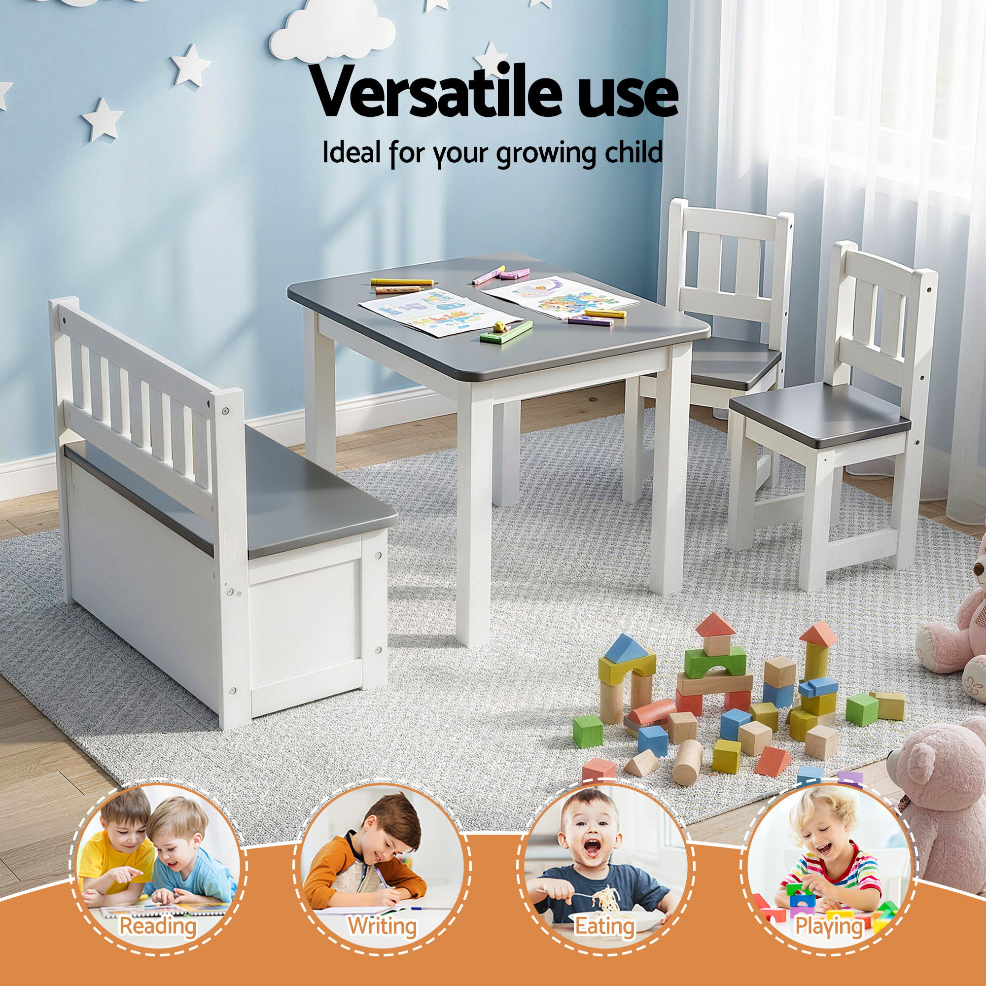 4-Piece Kids 2-in-1 Table and Chair Set with Storage Bench for Activities - Grey