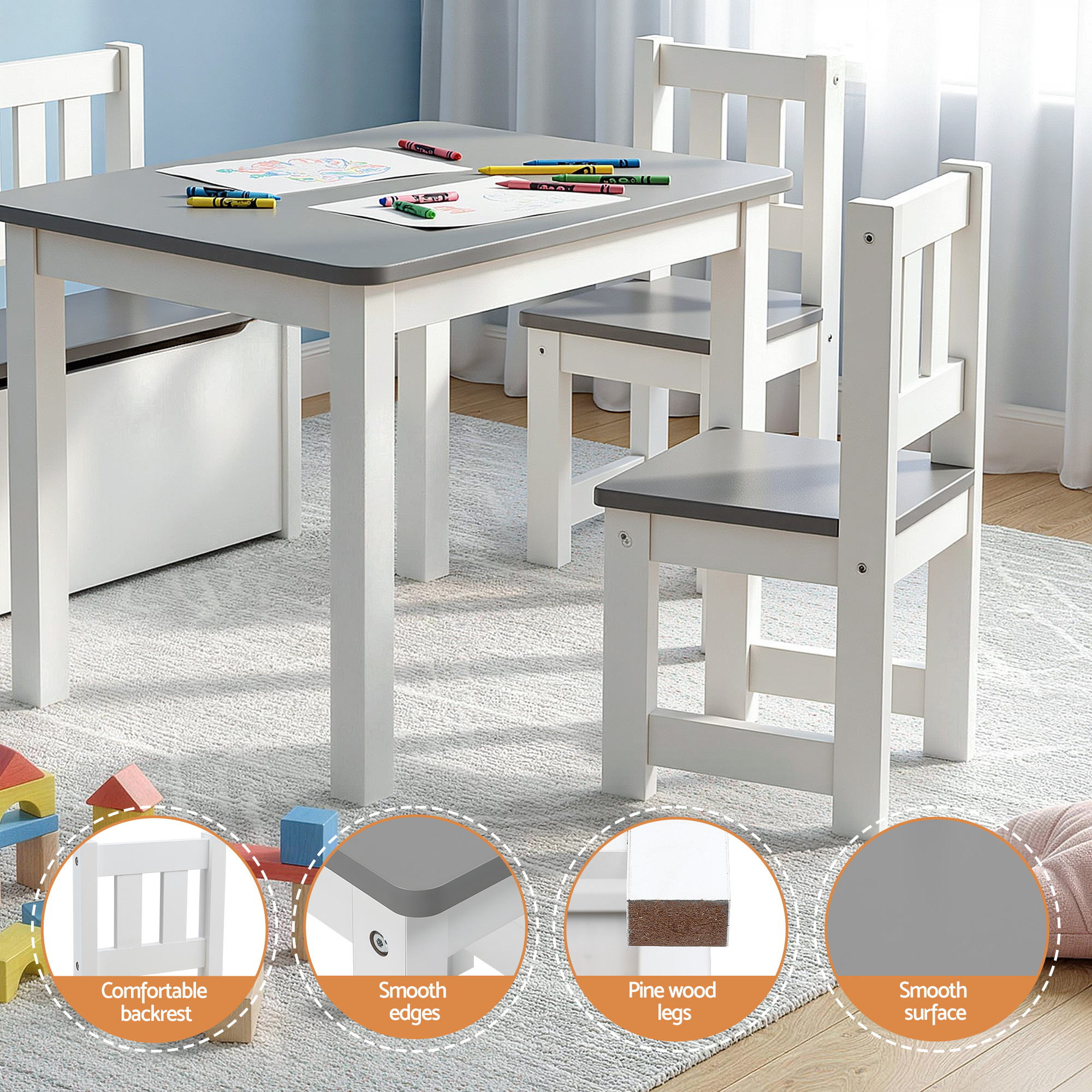 4-Piece Kids 2-in-1 Table and Chair Set with Storage Bench for Activities - Grey