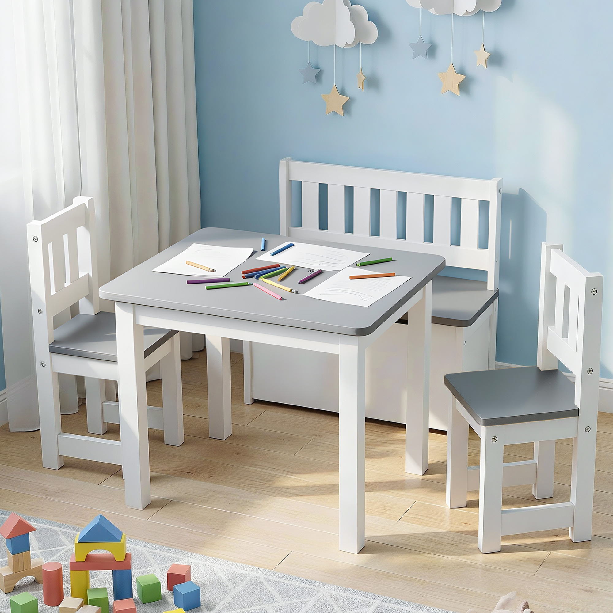 4-Piece Kids 2-in-1 Table and Chair Set with Storage Bench for Activities - Grey