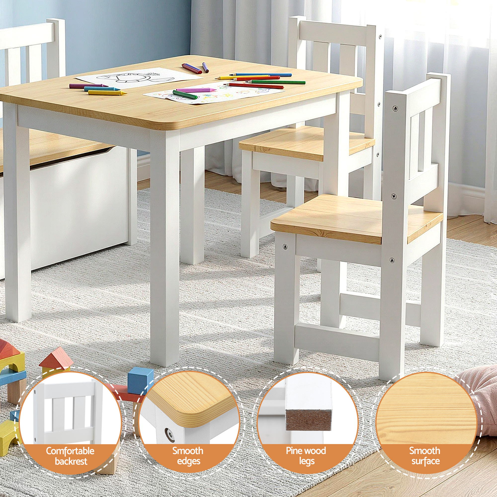 4-Piece Kids Activity Table and Chair Set with Storage Bench for Drawing, Reading & Snack Time - Natural