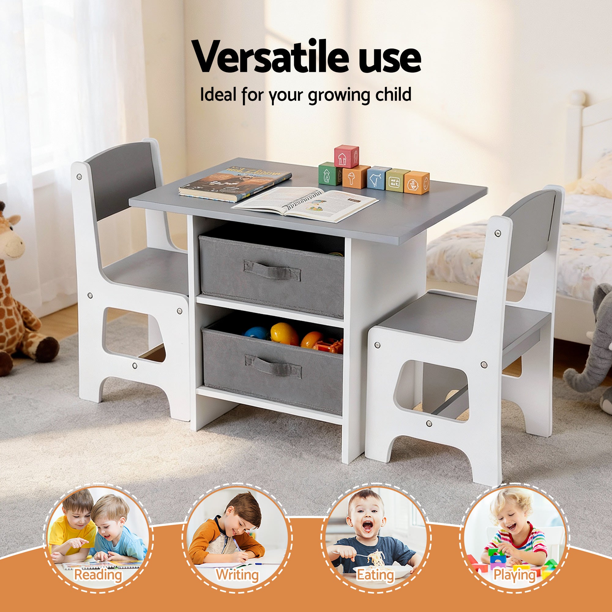 Kids Table and 2 Chairs Activity Set with Storage Drawers for Drawing, Reading, Crafts, Eating - Grey