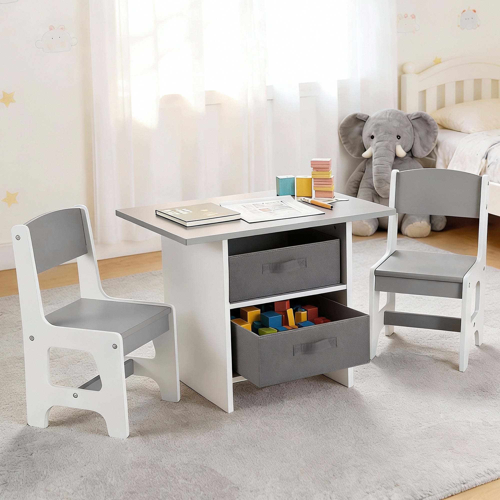 Kids Table and 2 Chairs Activity Set with Storage Drawers for Drawing, Reading, Crafts, Eating - Grey