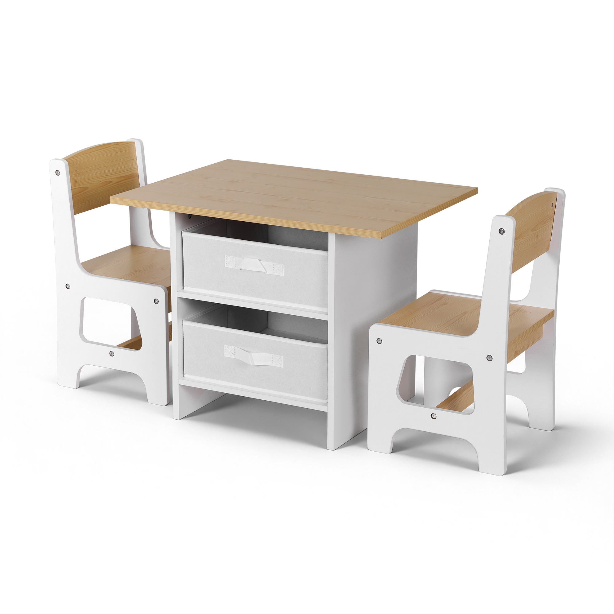Kids Table and 2 Chairs Set with 2 Storage Drawers for Drawing, Reading, Crafts - Natural