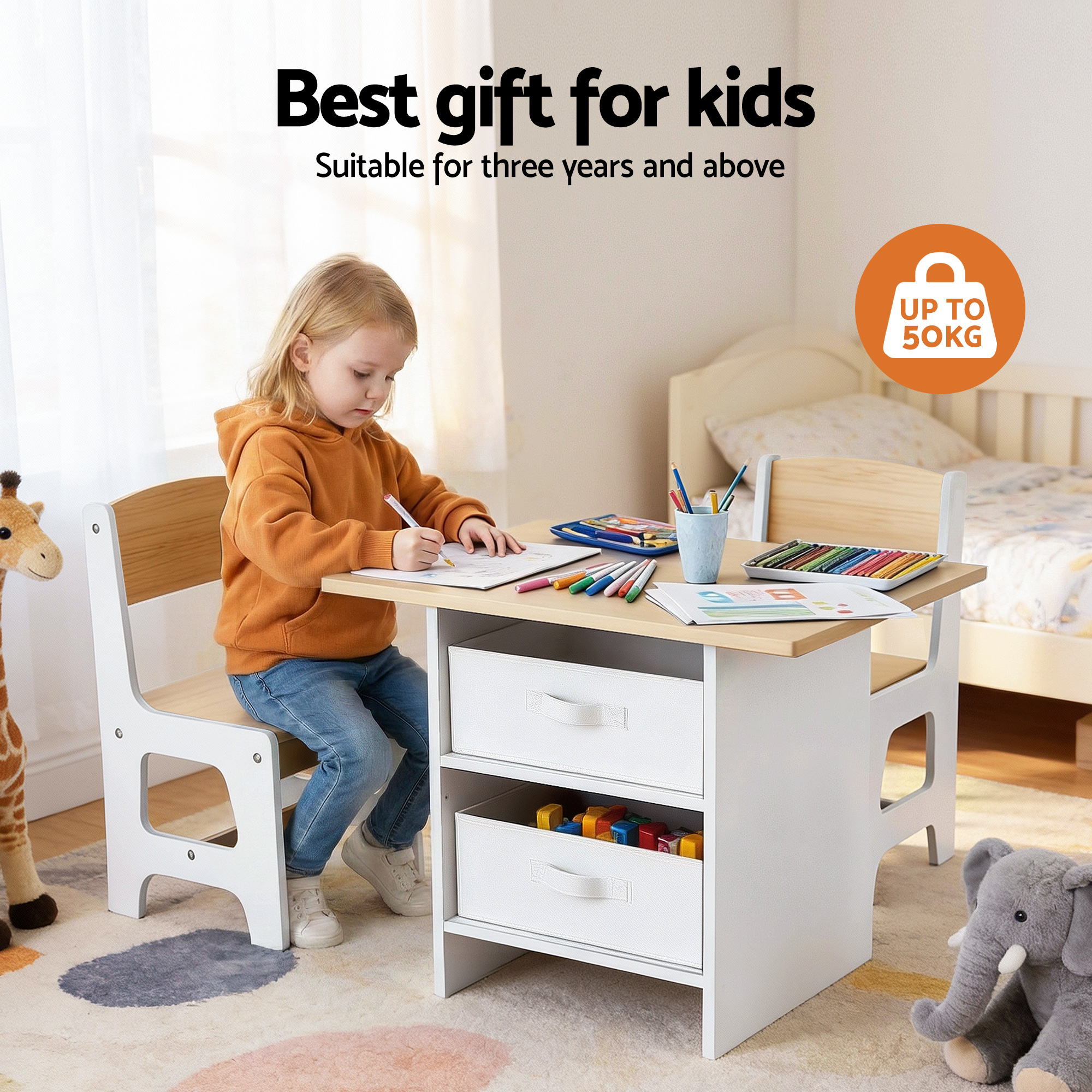 Kids Table and 2 Chairs Set with 2 Storage Drawers for Drawing, Reading, Crafts - Natural