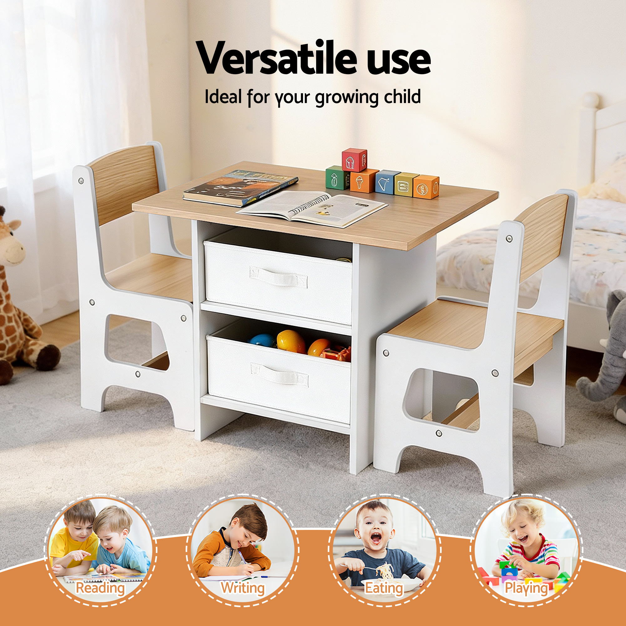 Kids Table and 2 Chairs Set with 2 Storage Drawers for Drawing, Reading, Crafts - Natural