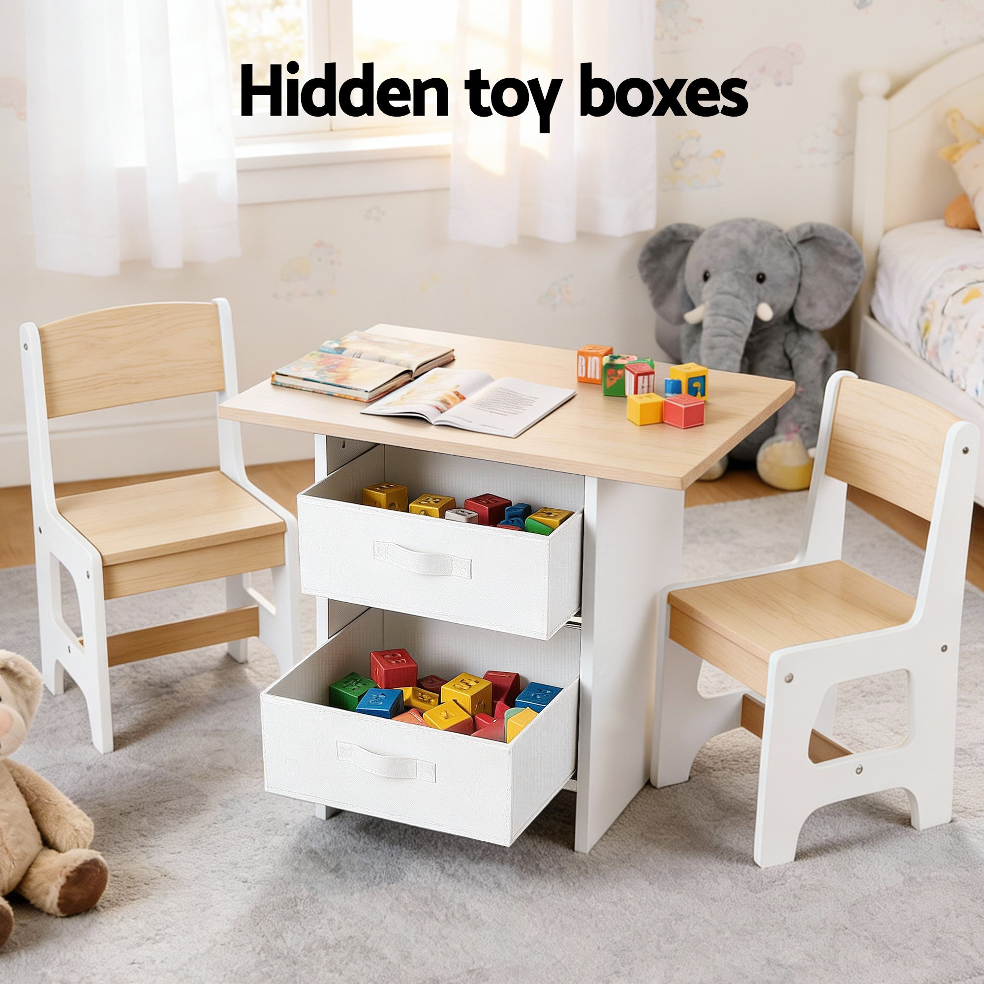 Kids Table and 2 Chairs Set with 2 Storage Drawers for Drawing, Reading, Crafts - Natural