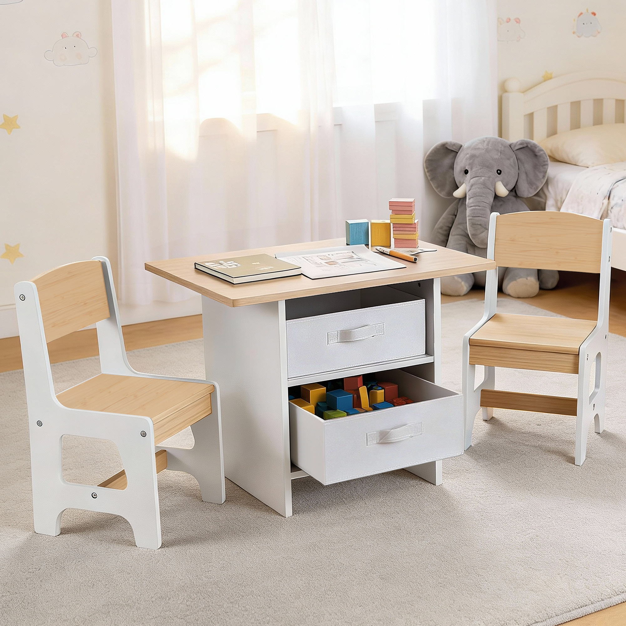 Kids Table and 2 Chairs Set with 2 Storage Drawers for Drawing, Reading, Crafts - Natural