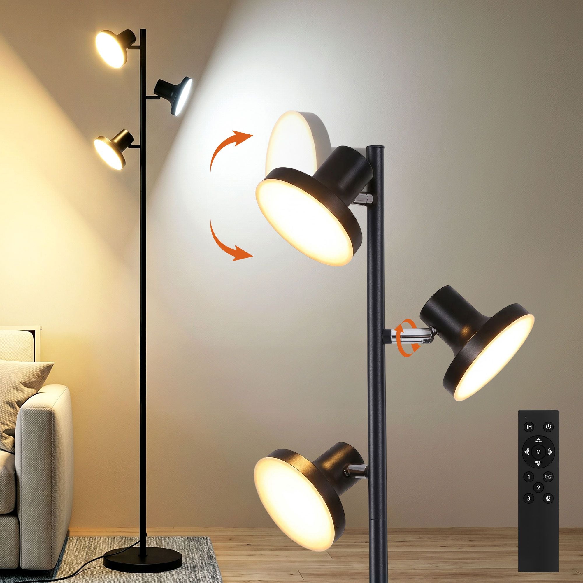LED Tree Floor Lamp, 36W Modern Dimmable Standing Lamp with Remote & Touch Control, 4 Color Temperatures, 3 Rotatable LED Light Floor Lamps for Living Room, Bedroom, Office