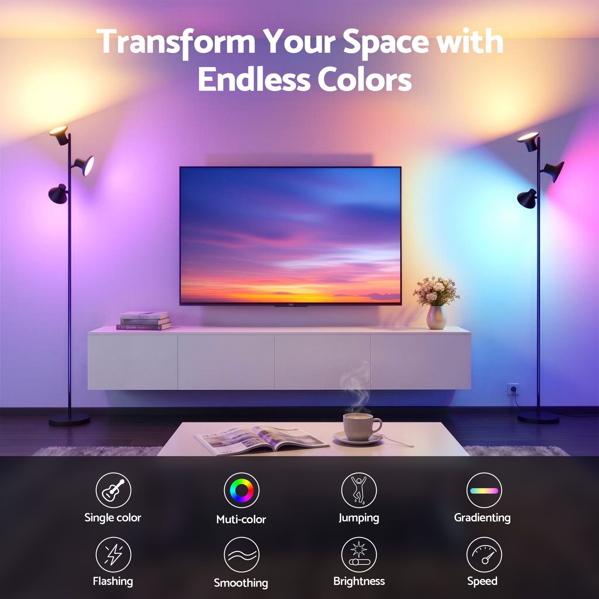 RGB Floor Lamp LED with 3 Swivel Lights Color Changing Lamp with Remote Stepless Dimmable
