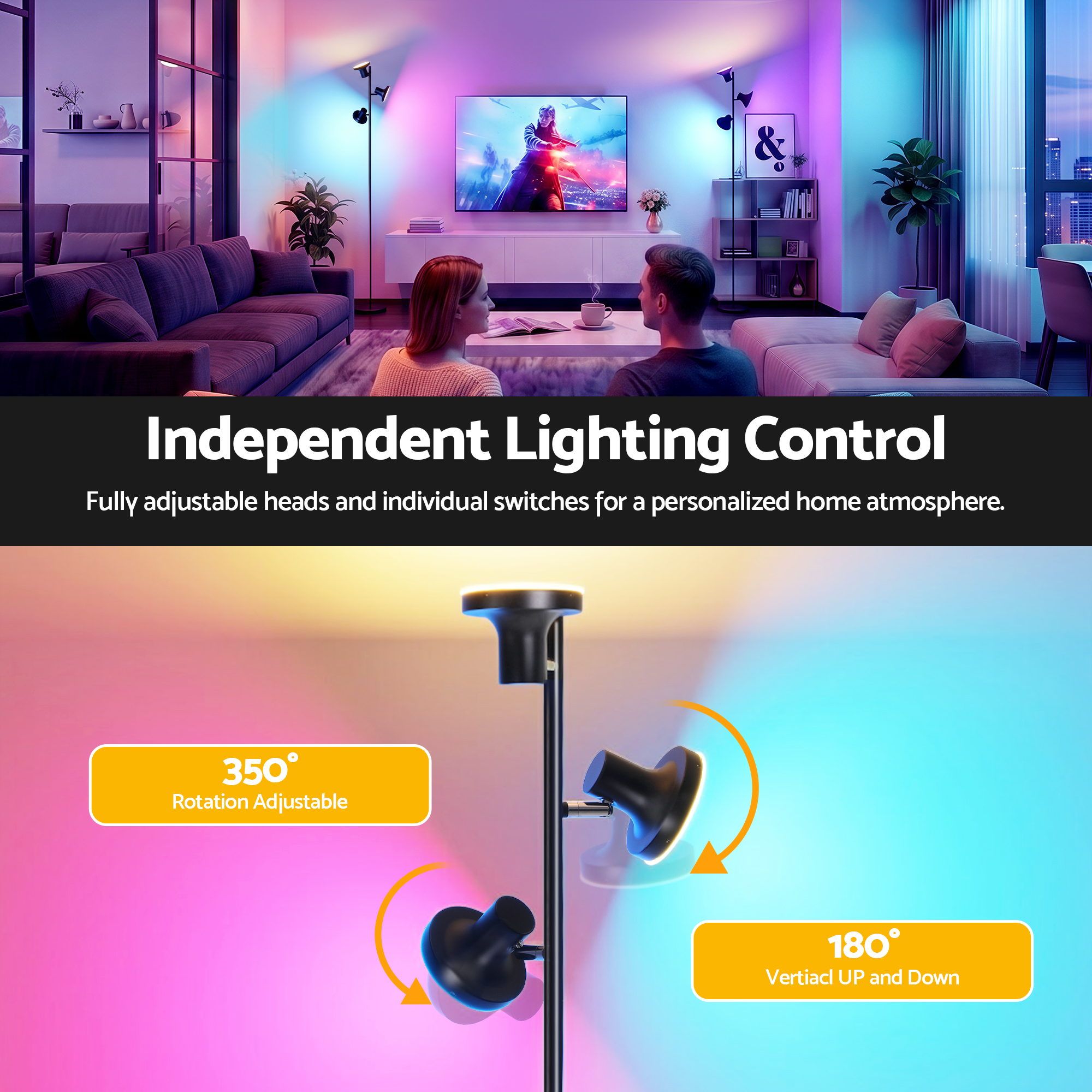 RGB Floor Lamp LED with 3 Swivel Lights Color Changing Lamp with Remote Stepless Dimmable