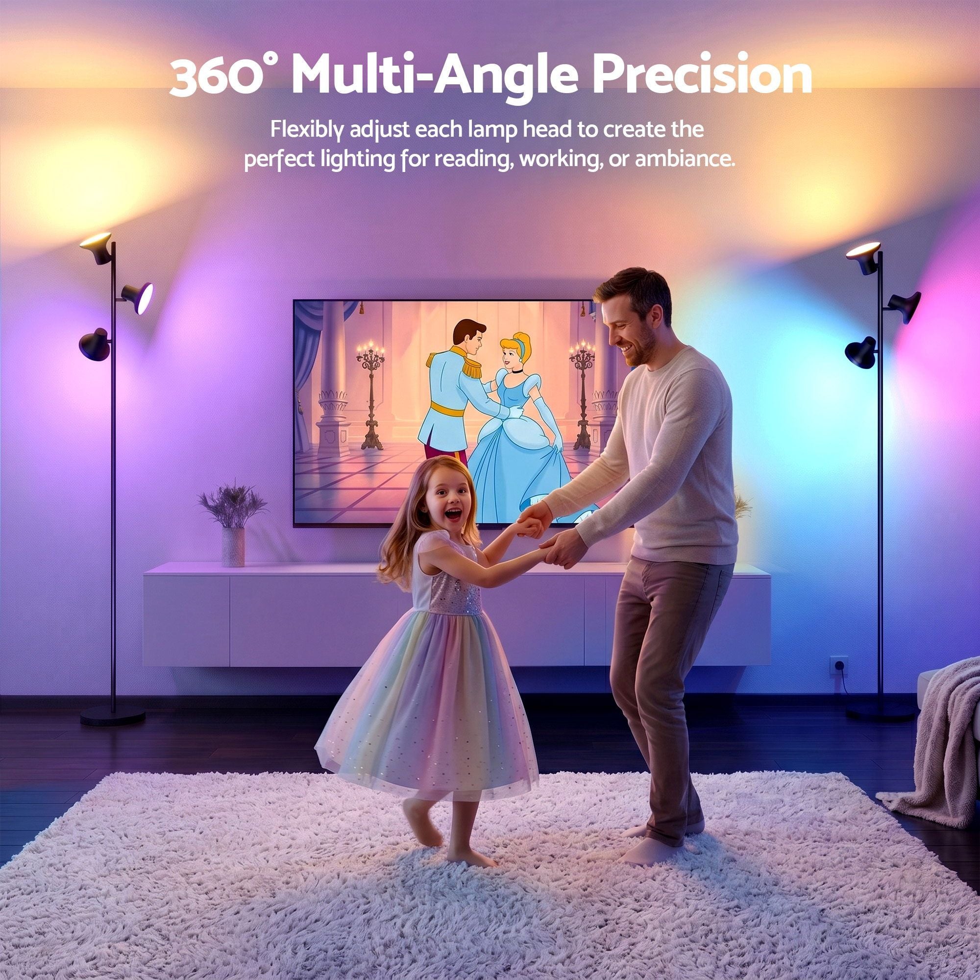 RGB Floor Lamp LED with 3 Swivel Lights Color Changing Lamp with Remote Stepless Dimmable