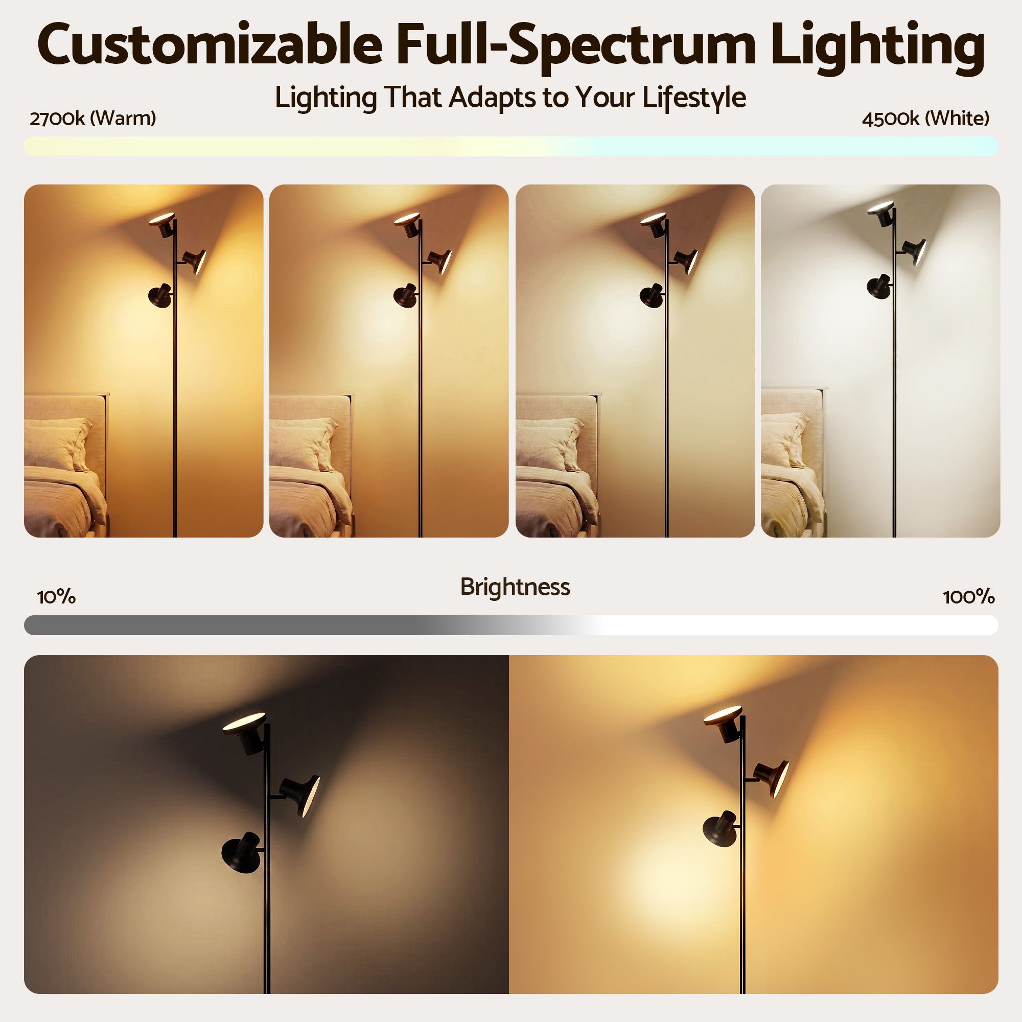 RGB Floor Lamp LED with 3 Swivel Lights Color Changing Lamp with Remote Stepless Dimmable
