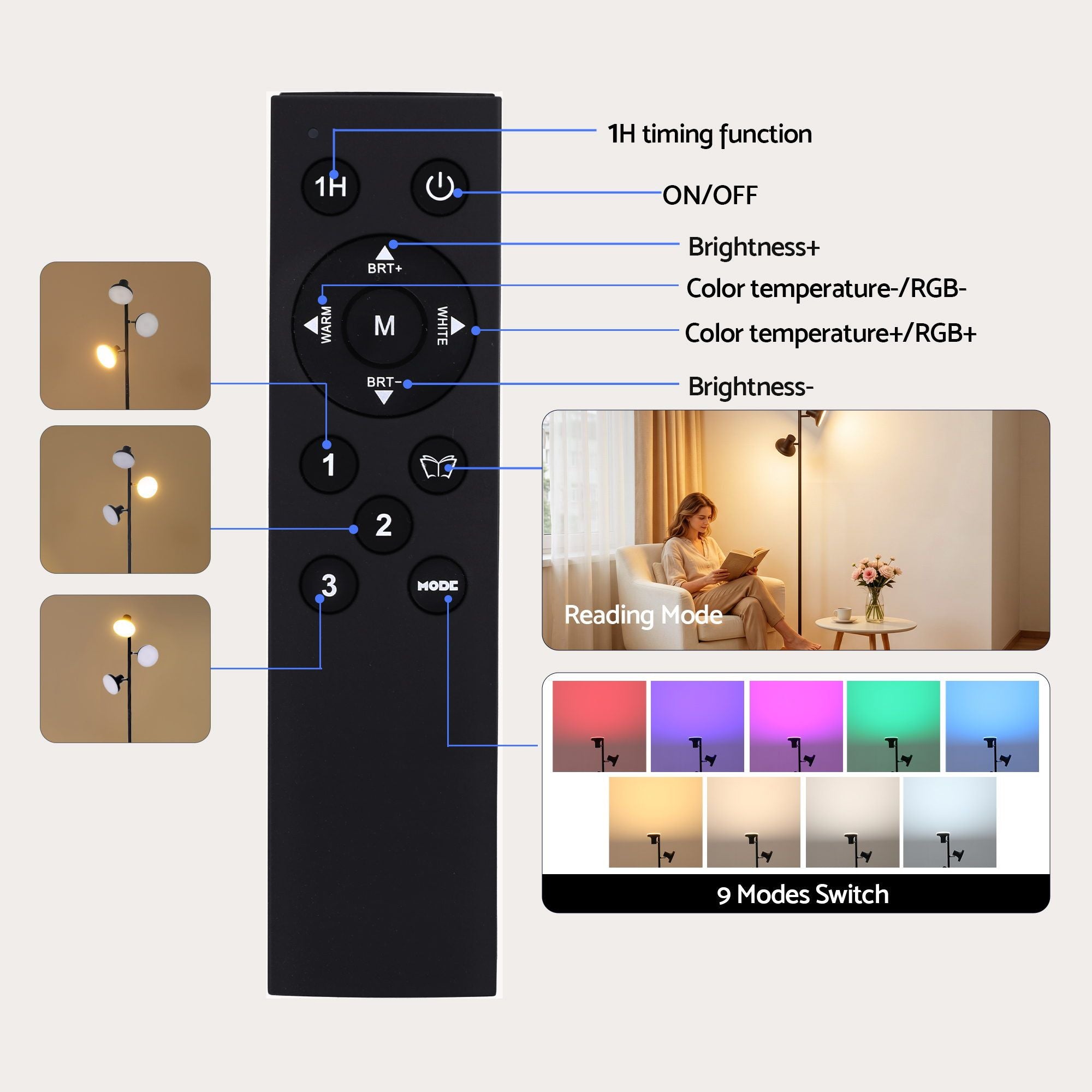 RGB Floor Lamp LED with 3 Swivel Lights Color Changing Lamp with Remote Stepless Dimmable
