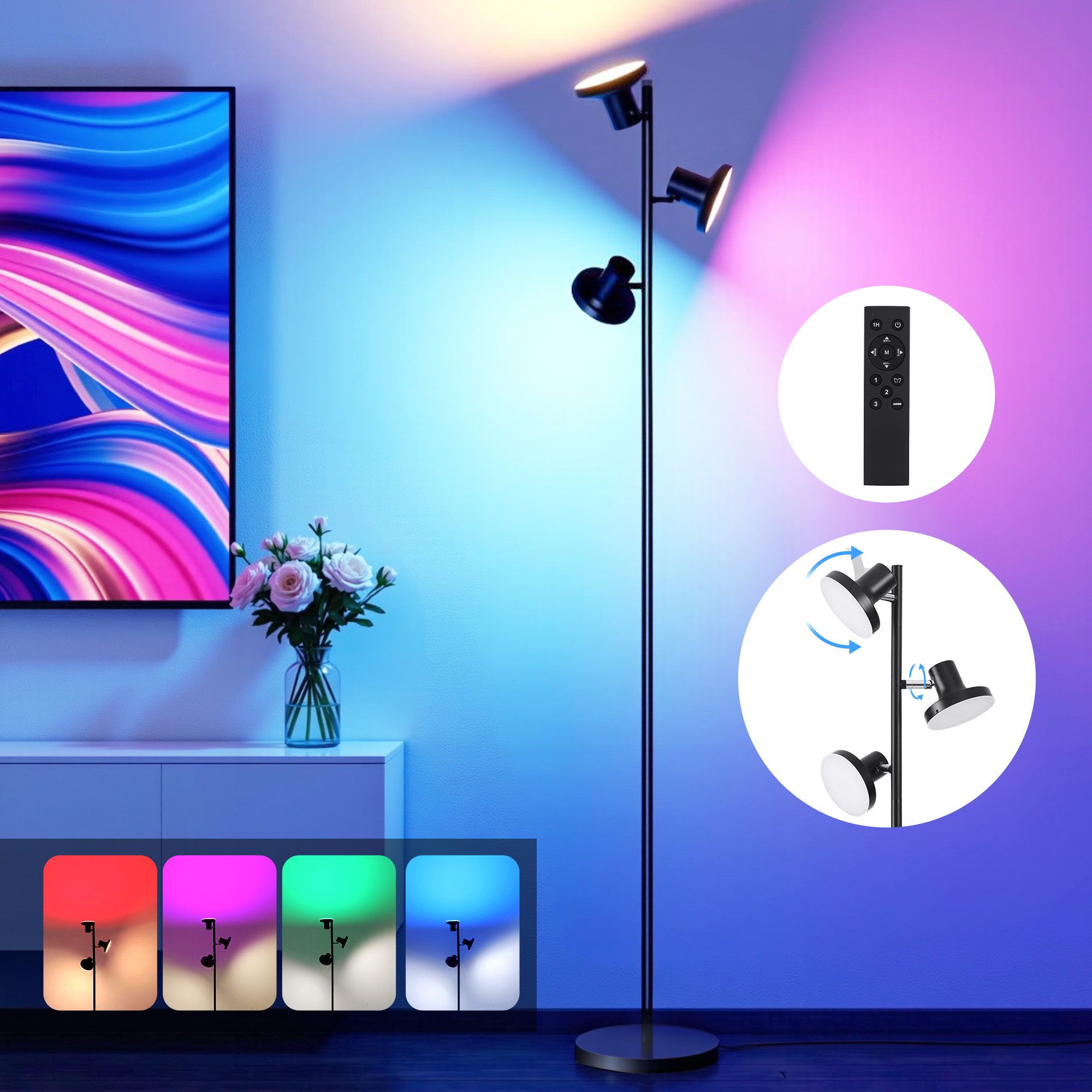 RGB Floor Lamp LED with 3 Swivel Lights Color Changing Lamp with Remote Stepless Dimmable