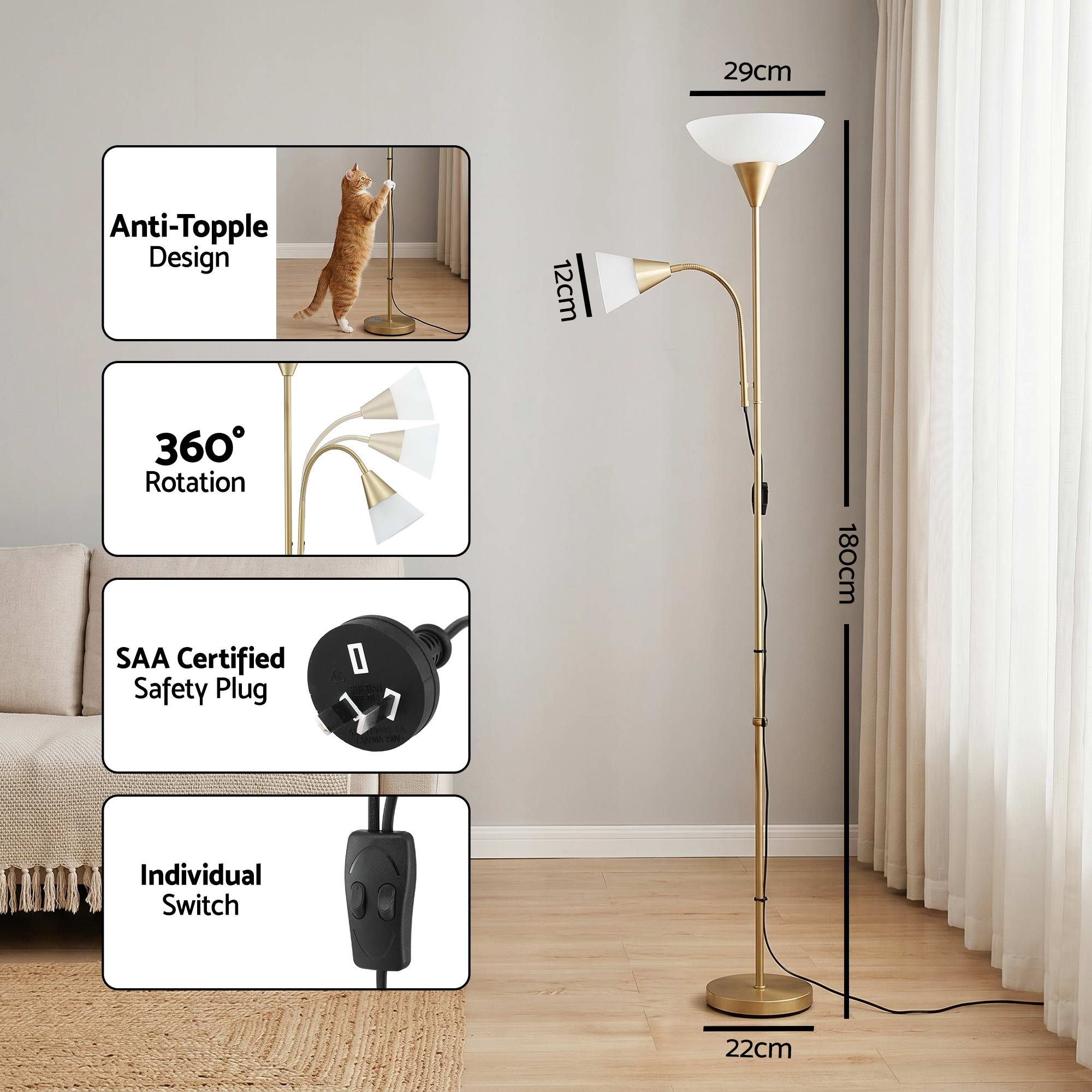 Gold Floor Lamp with Reading Light | Mother and Child Standing Lamp with 360 Flexible Gooseneck, Individual Switch & Plate Shade, E27 & E14 Bulb (Not Included) Home Living Room Office Reading