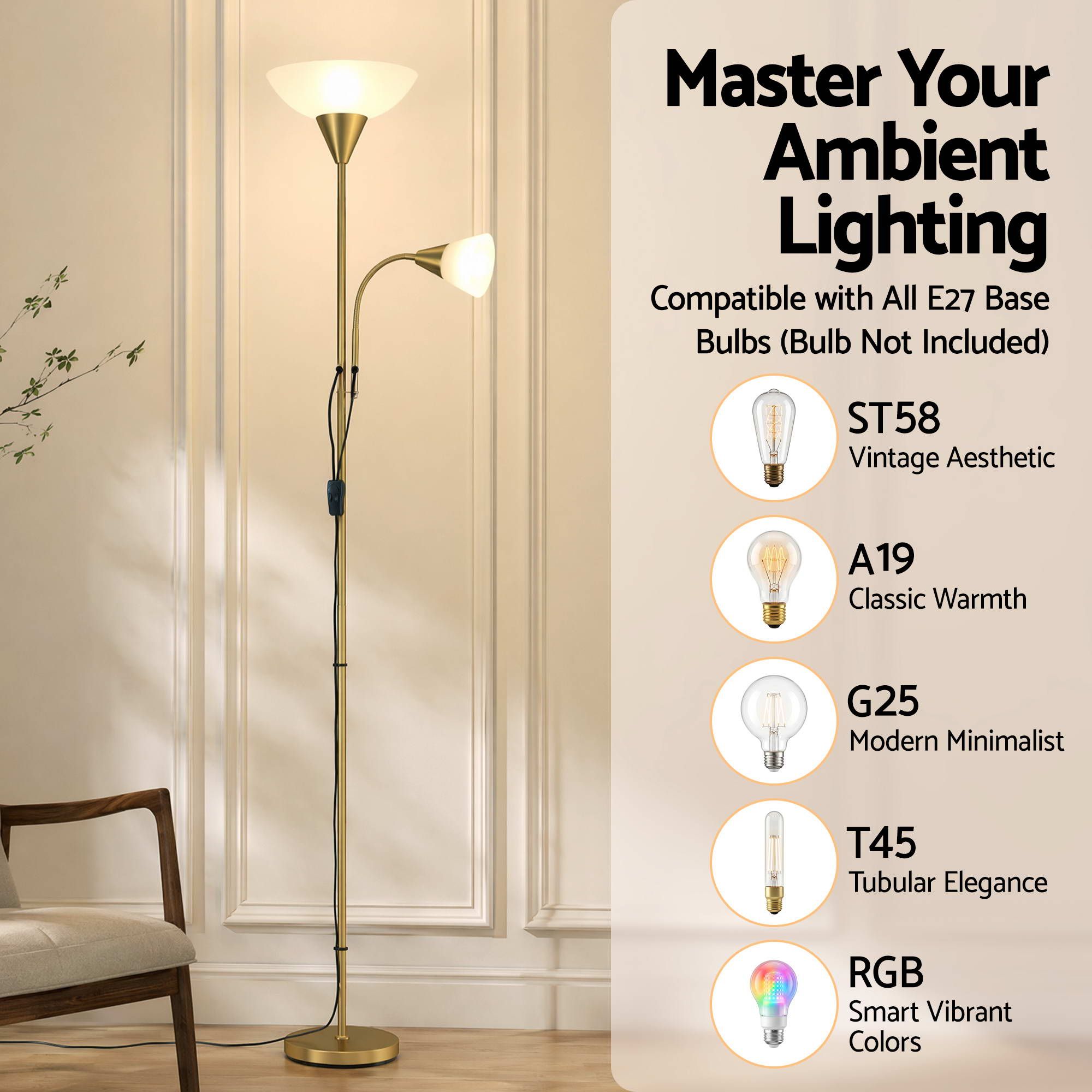Gold Floor Lamp with Reading Light | Mother and Child Standing Lamp with 360 Flexible Gooseneck, Individual Switch & Plate Shade, E27 & E14 Bulb (Not Included) Home Living Room Office Reading