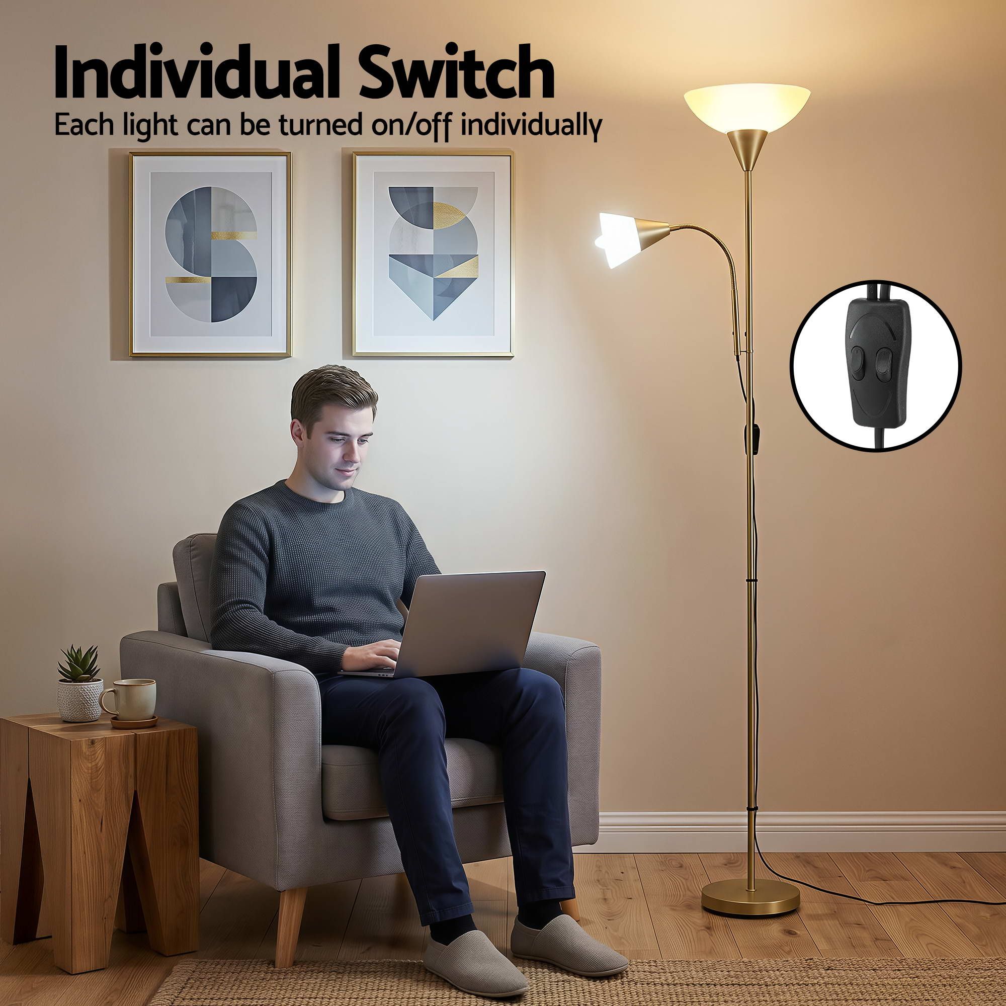 Gold Floor Lamp with Reading Light | Mother and Child Standing Lamp with 360 Flexible Gooseneck, Individual Switch & Plate Shade, E27 & E14 Bulb (Not Included) Home Living Room Office Reading