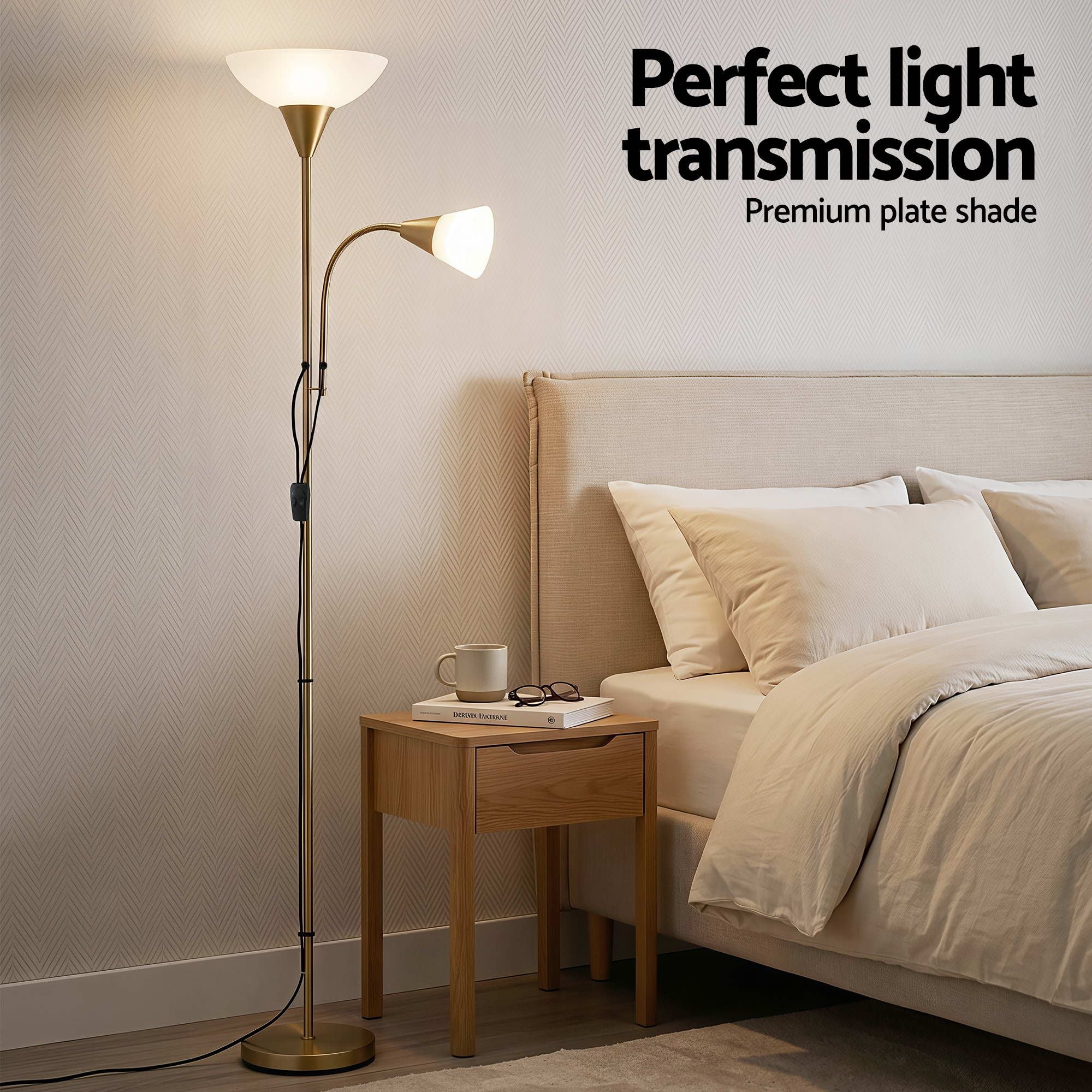Gold Floor Lamp with Reading Light | Mother and Child Standing Lamp with 360 Flexible Gooseneck, Individual Switch & Plate Shade, E27 & E14 Bulb (Not Included) Home Living Room Office Reading