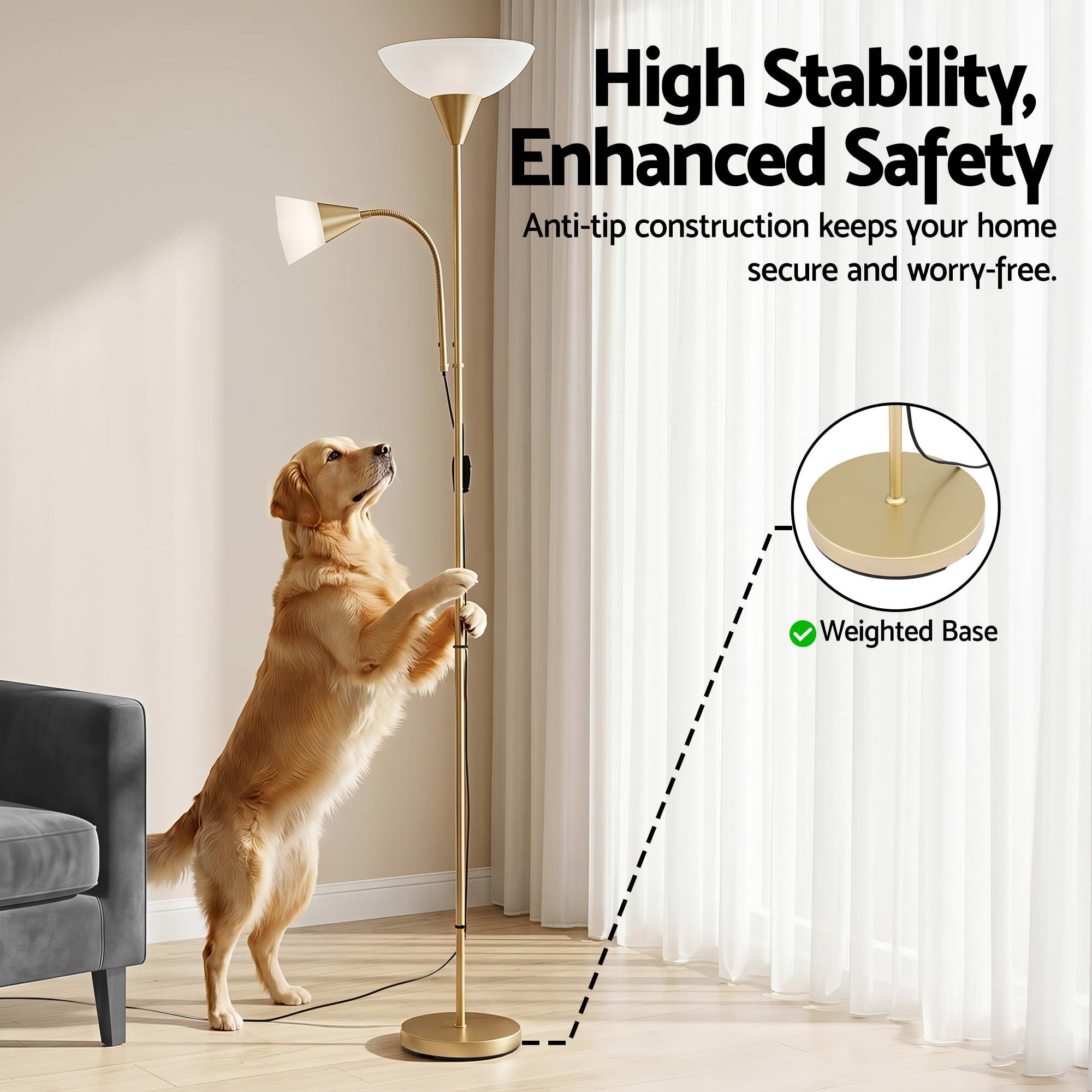 Gold Floor Lamp with Reading Light | Mother and Child Standing Lamp with 360 Flexible Gooseneck, Individual Switch & Plate Shade, E27 & E14 Bulb (Not Included) Home Living Room Office Reading