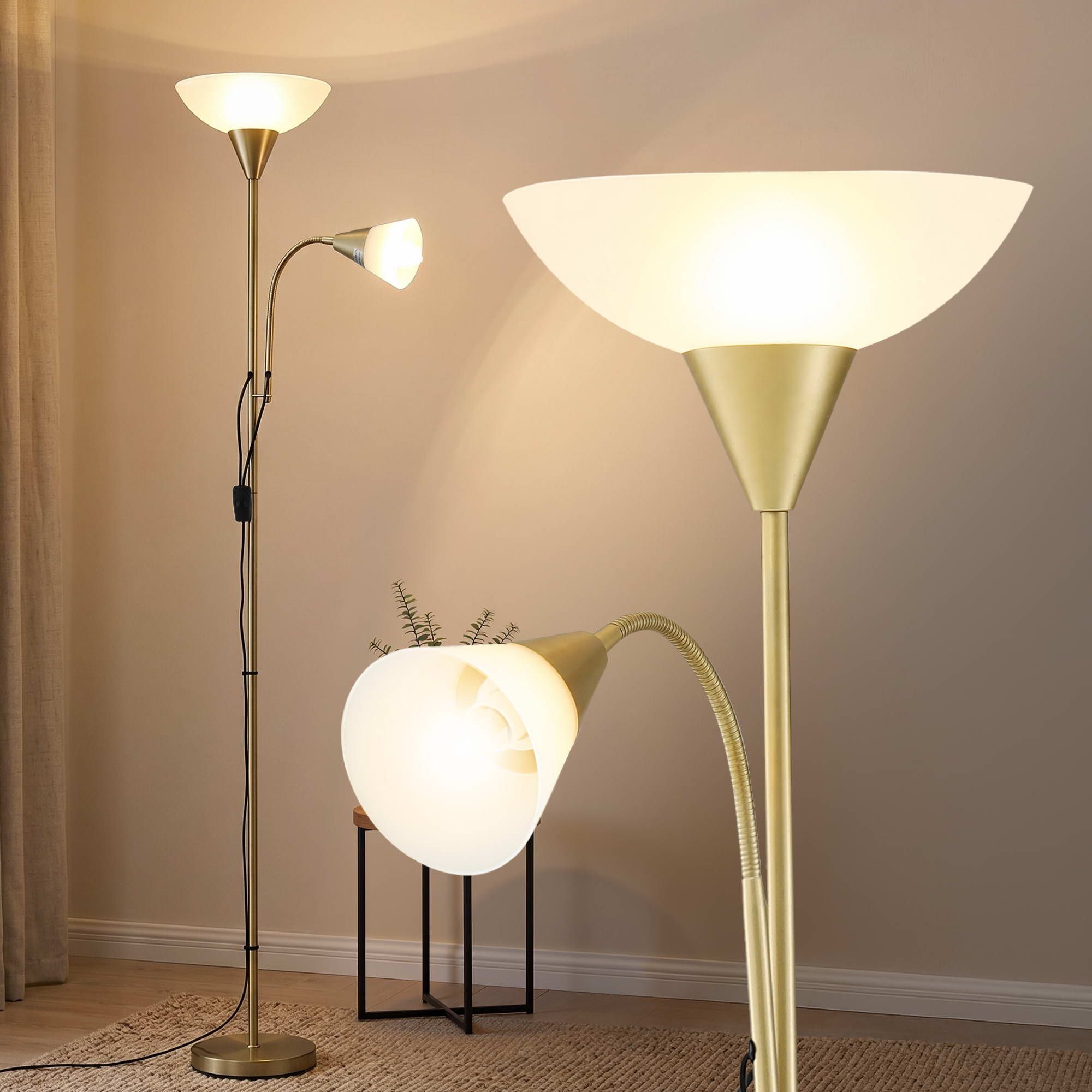 Gold Floor Lamp with Reading Light | Mother and Child Standing Lamp with 360 Flexible Gooseneck, Individual Switch & Plate Shade, E27 & E14 Bulb (Not Included) Home Living Room Office Reading
