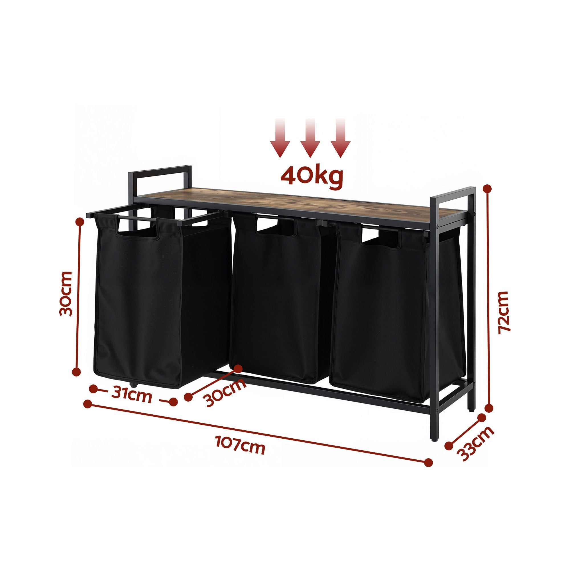 Laundry Basket with 3 Pull-out Bags Metal Frame Black