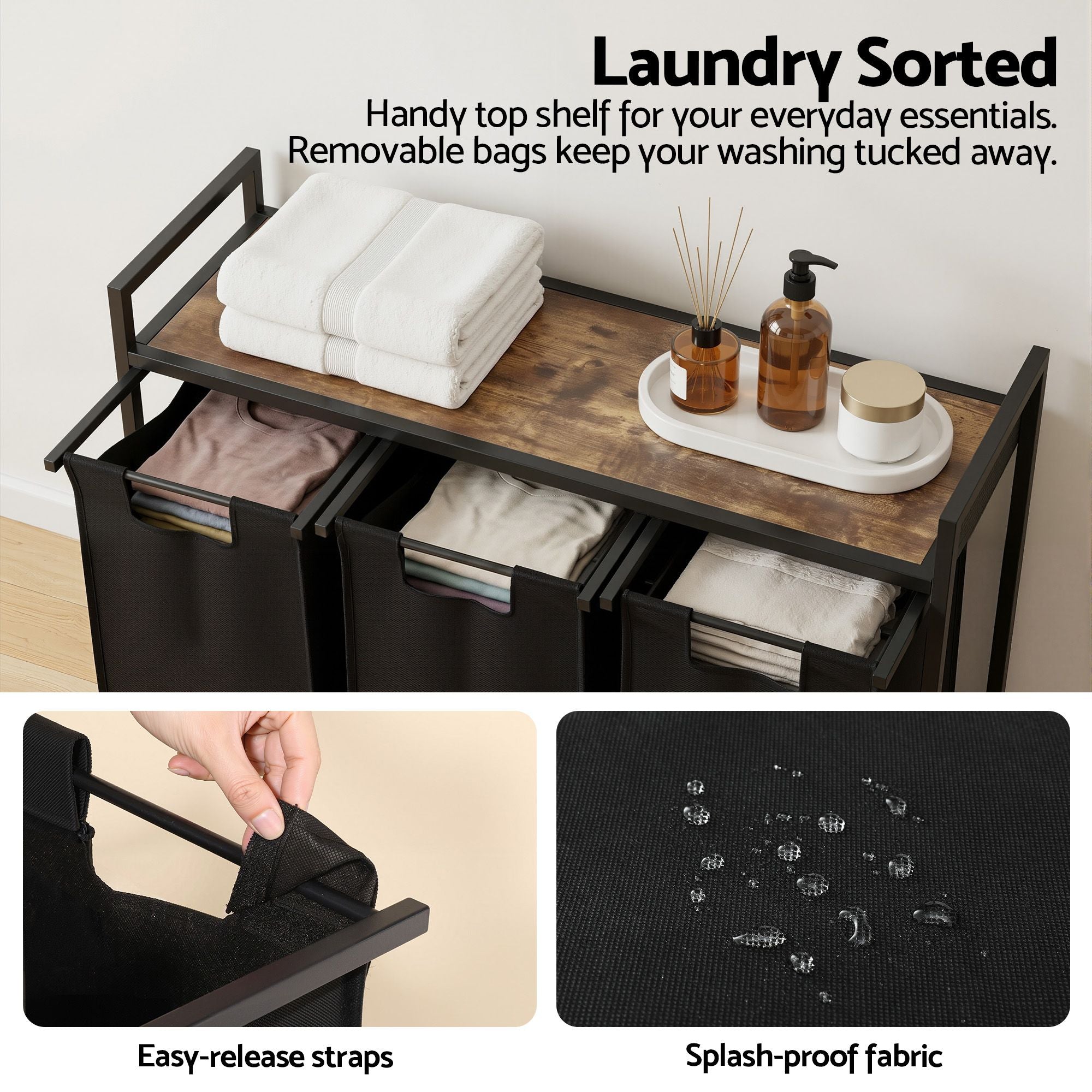 Laundry Basket with 3 Pull-out Bags Metal Frame Black