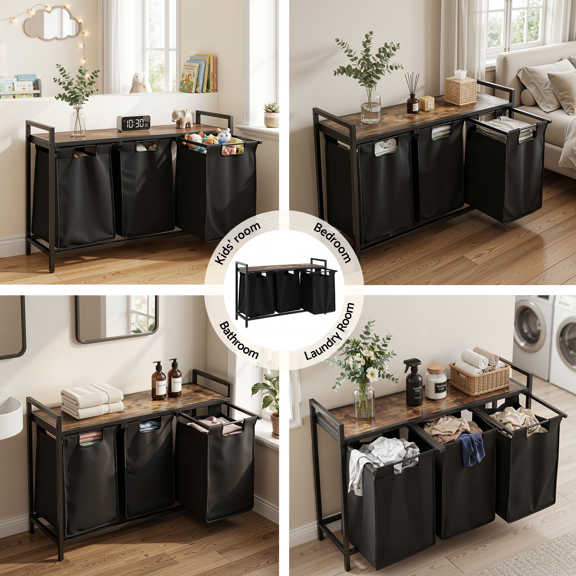 Laundry Basket with 3 Pull-out Bags Metal Frame Black