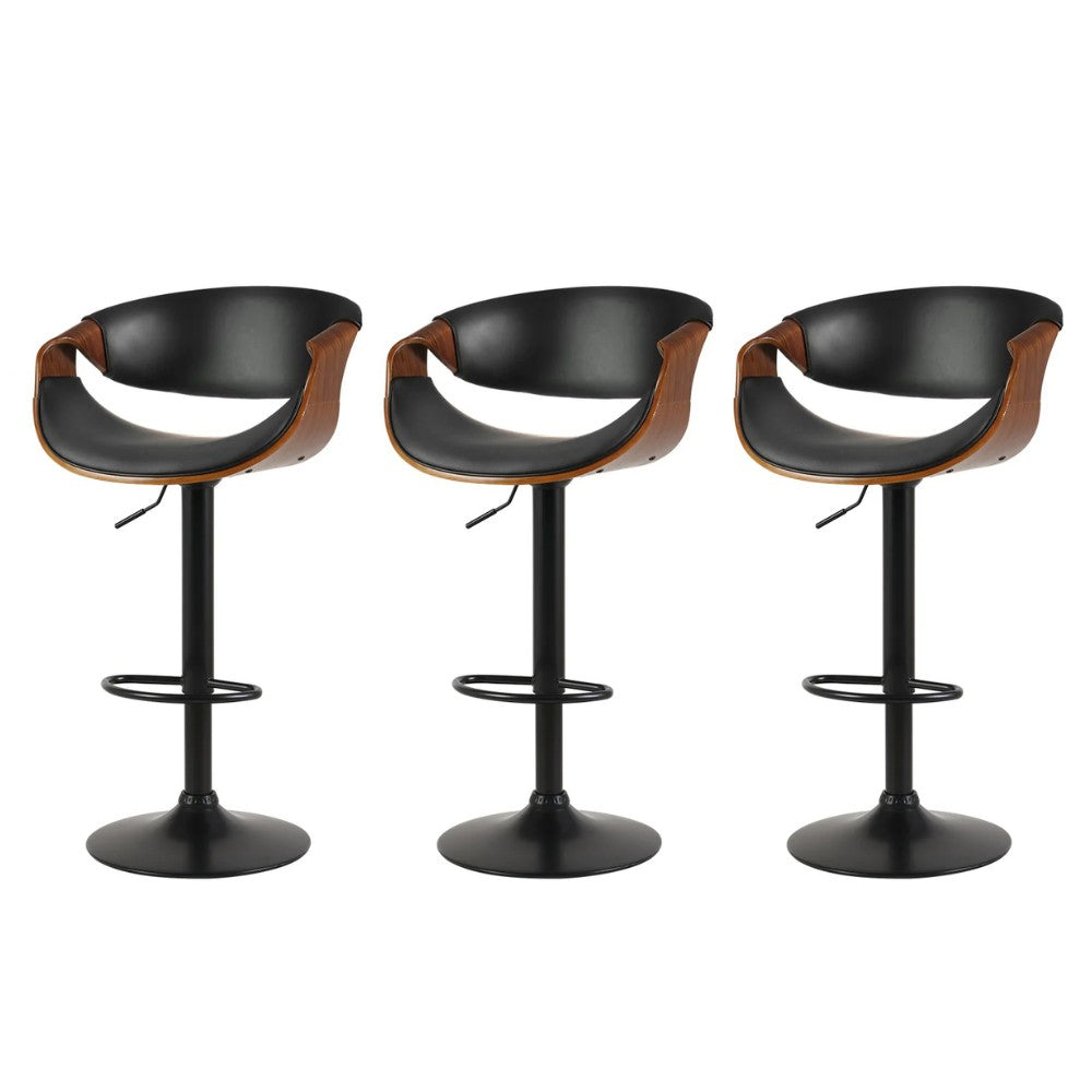 Set of 3 Landon Wood and Leather Gas Lift Bar Stools Black