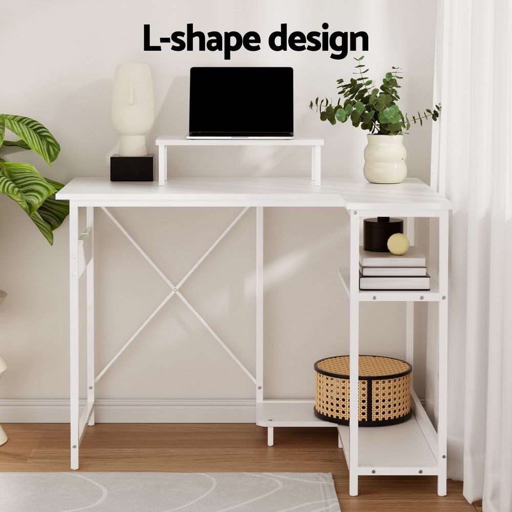 Computer Desk L-Shape Home Office Study Table Open Shelves White 100CM