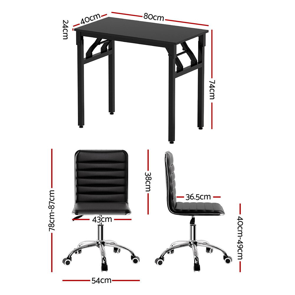Foldable Computer Desk and PU Leather Office Chair Set - Black