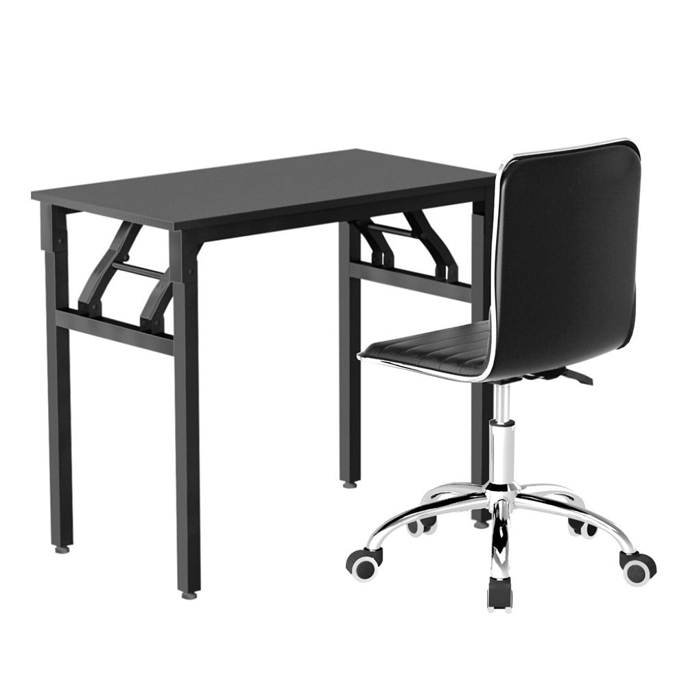 Foldable Computer Desk and PU Leather Office Chair Set - Black