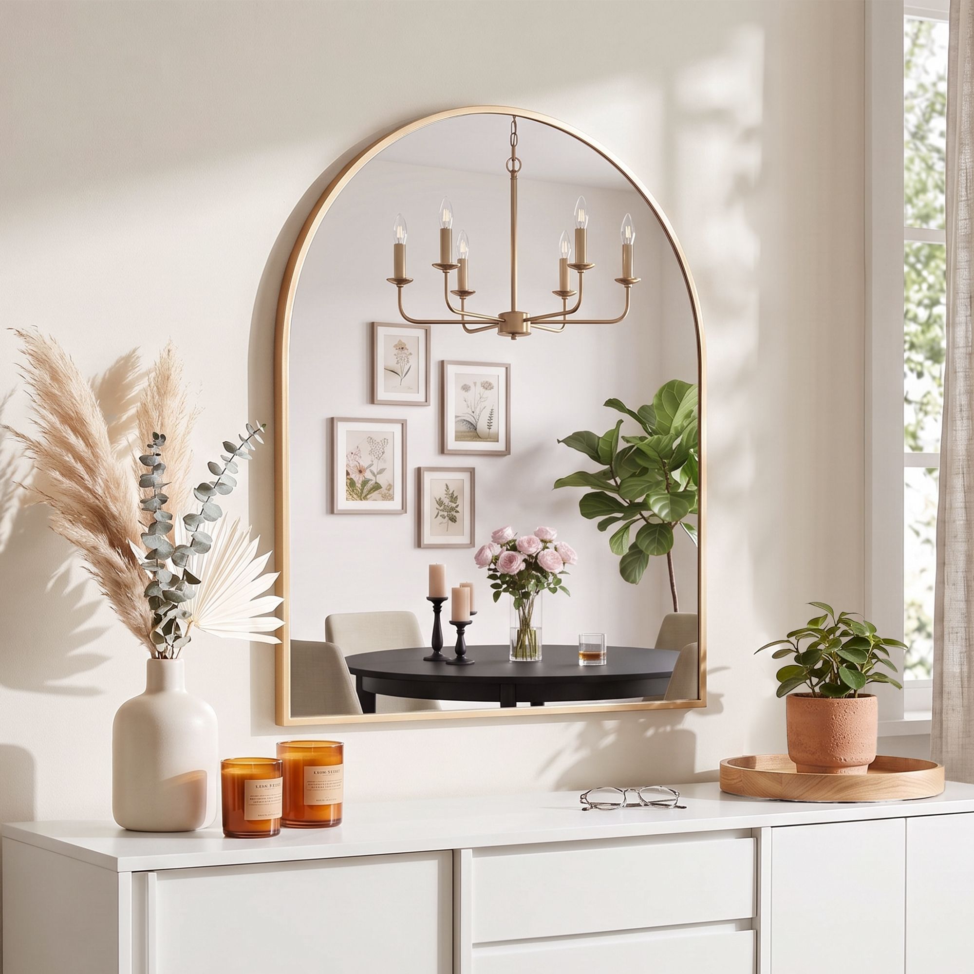 Arch Wall Mirror, Decorative Gold Frame Mirrors, 86x81cm Bathroom Vanity Mirror, Slim Frame for Living Room Entryway Bedroom Decor